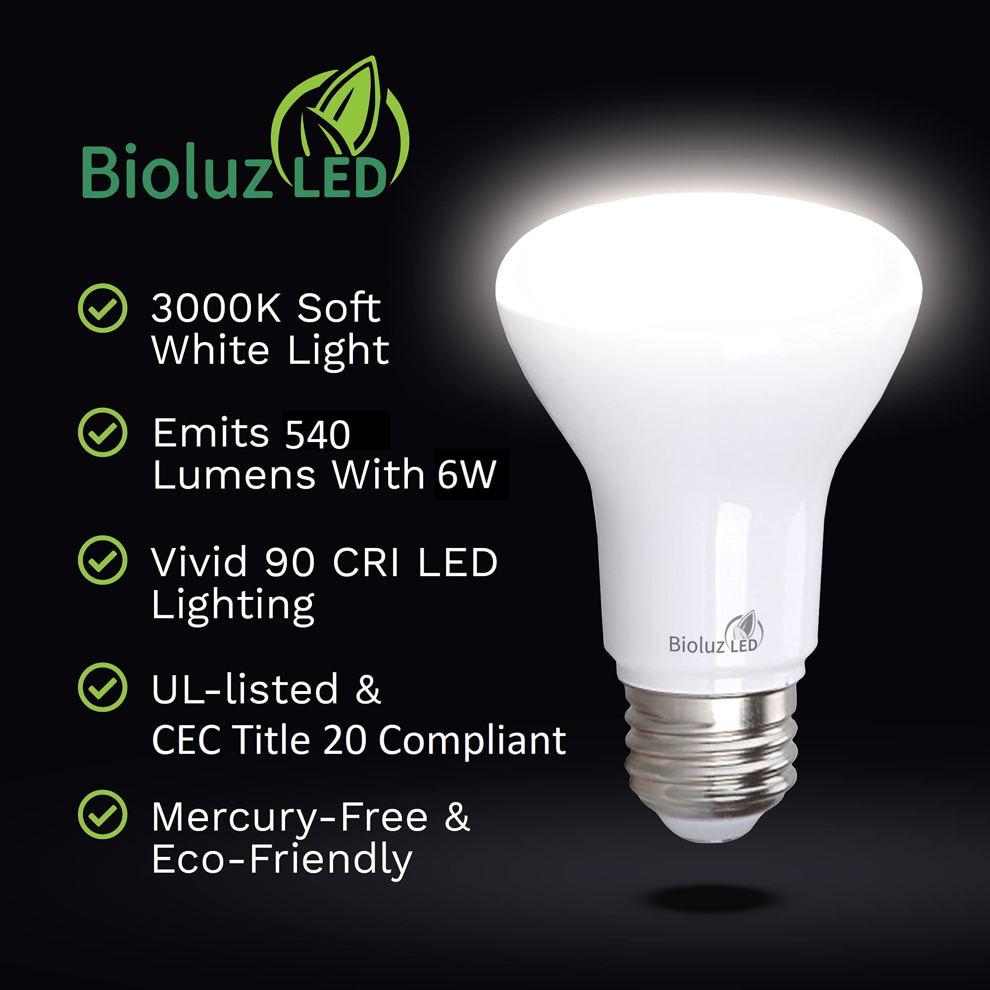 Bioluz Led 60 Pack 90 Cri Br20 Led Bulb 6W=50W 3000K Soft White Dimmable 540 Lumen Outdoor/Indoor Flood Light Ul-Listed Cec Titl