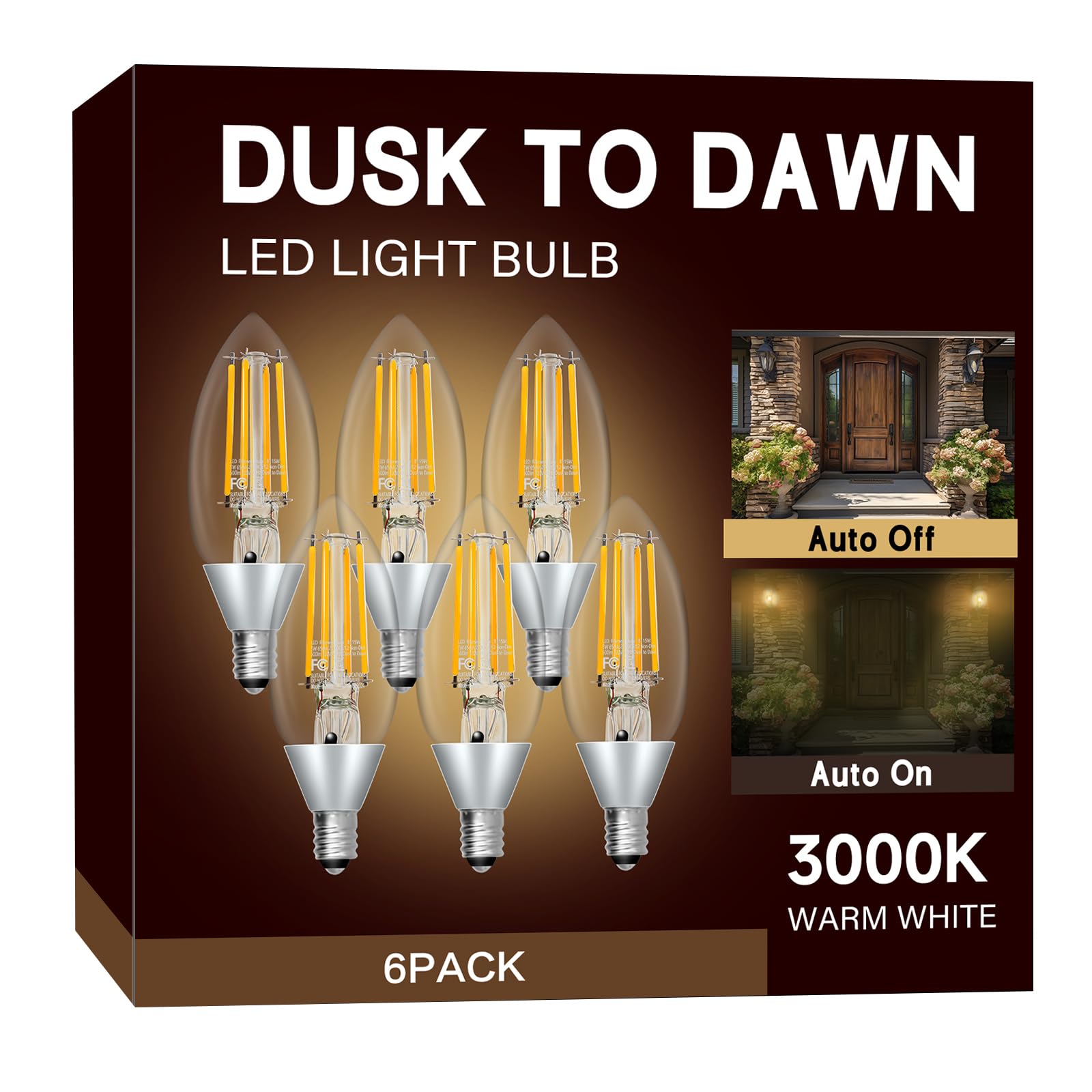 Unilamp Dusk To Dawn Led Outdoor Light Bulb, Candelabra Light Bulbs Outdoor, 5W Equivalent 40W, 3000K Warm White, 500Lm, Edison 