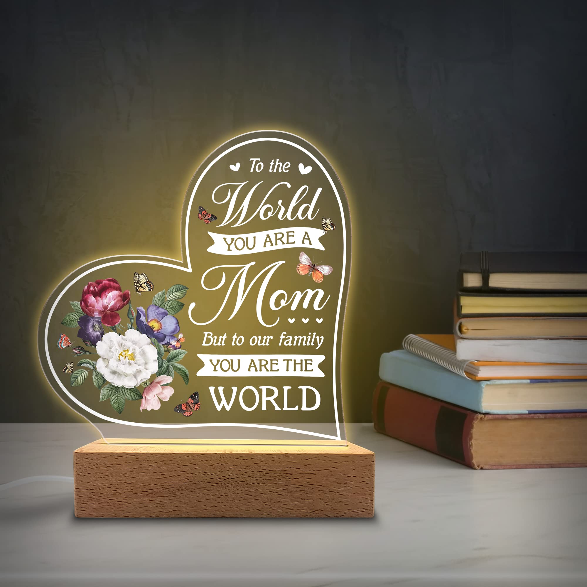 Kitchenvoy Acrylic Night Light Gift For Mother - To Our Family You Are The World - Acrylic Light Gift For Mom From Son, Daughter