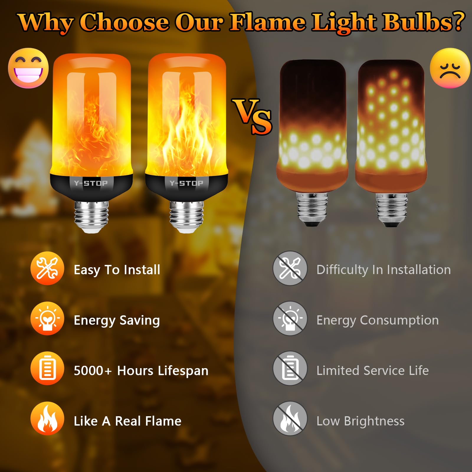 Y-STOP LED Flame Light Bulbs, 4 Modes Flickering, E26 Base, 4 Count, Black-4 Pack, Plastic, Ideal for Halloween & Christmas Decor