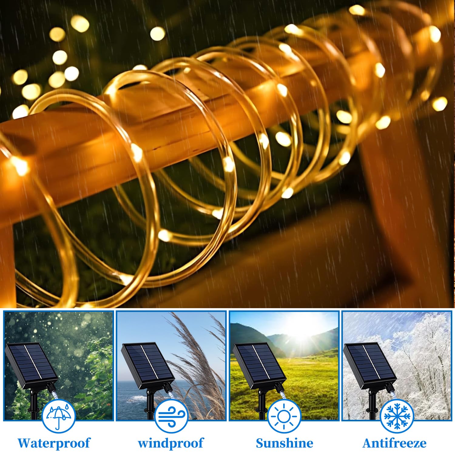 ANJAYLIA Solar Rope Lights 200 LED Waterproof 66FT with Timer Remote Warm White
