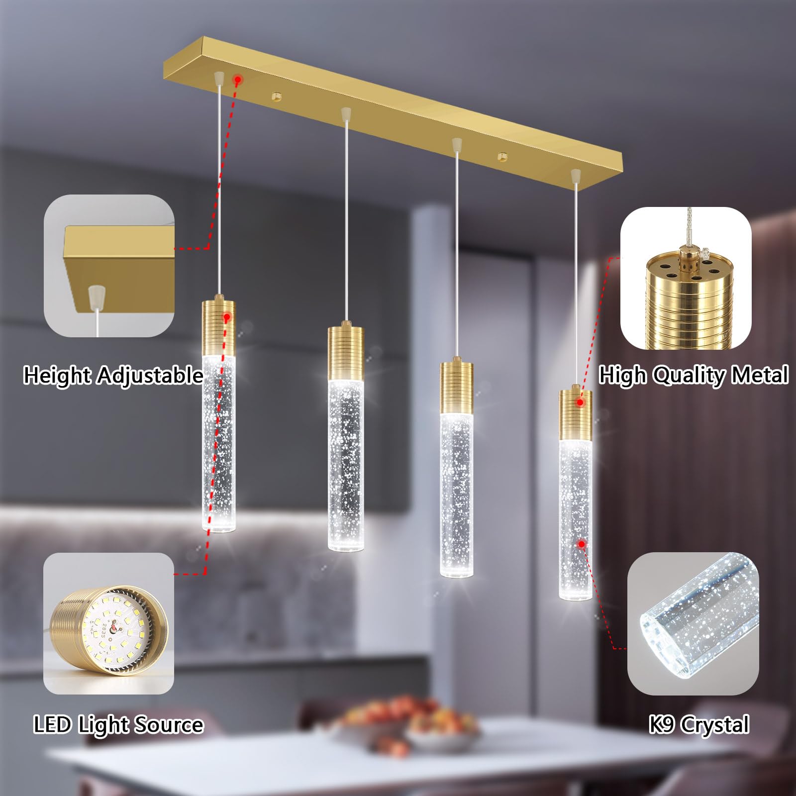Dolria 4-Lights Modern Crystal Chandeliers For Kitchen Island Mini Pendants Lighting Fixture Led Ceiling Light For Dining Room Living Room 6000K