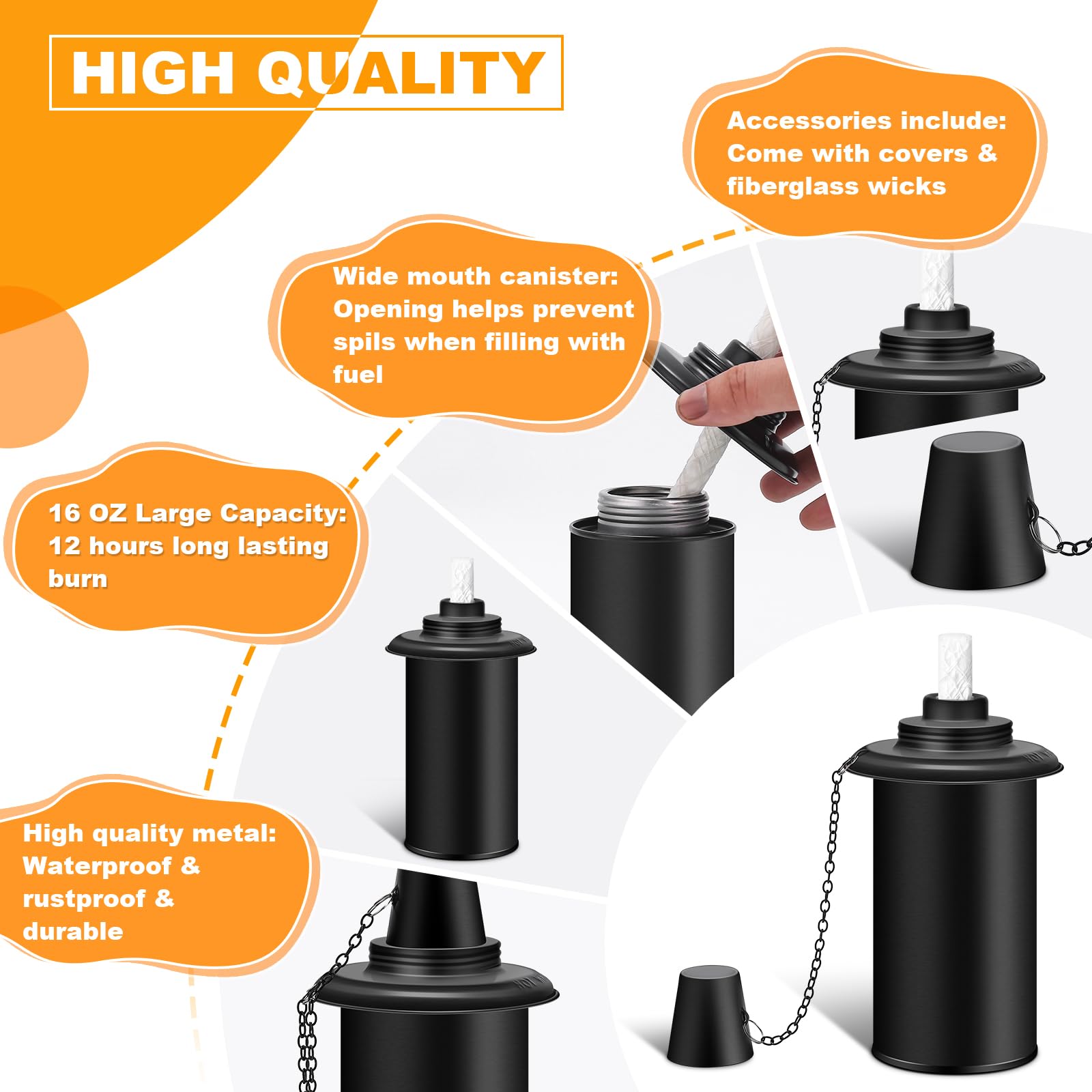 Fan-Torches 6 Pack Refillable Torch Canisters With Wicks & Caps - Outdoor Citronella Fuel