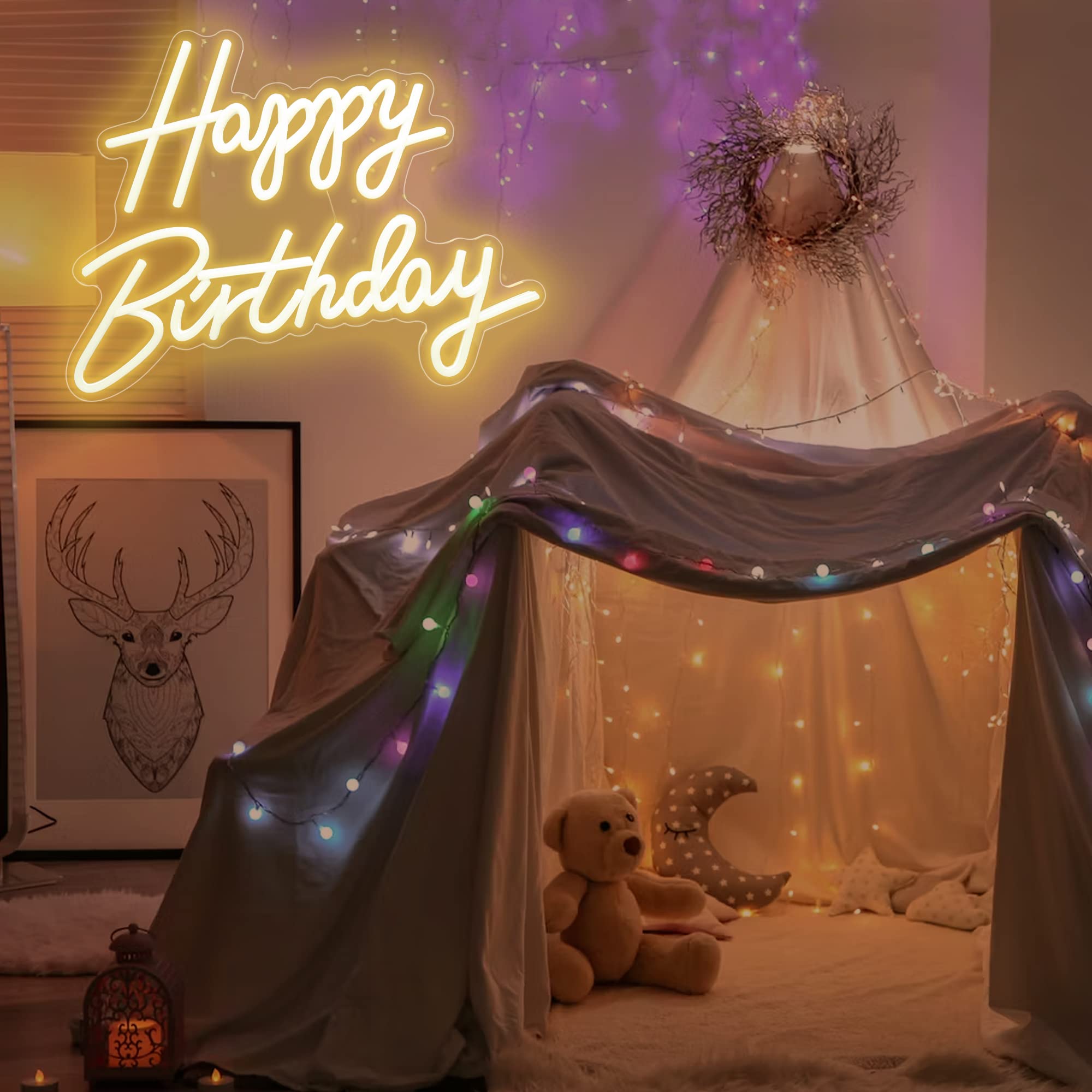 Aslanka LED Neon Sign - Happy Birthday Decor - 15.7 x 7.8 inch - Warm White Acrylic - USB Powered