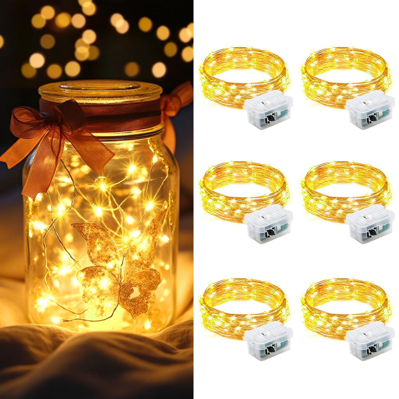 AIKEI 6 Pack LED Fairy Lights Battery Operated  Twinkle String Lights Waterproof 7 Feet 20 Led Firefly Starry Lamps for Wedding Party Bedroom Garden Halloween Christmas Decoration Warm White