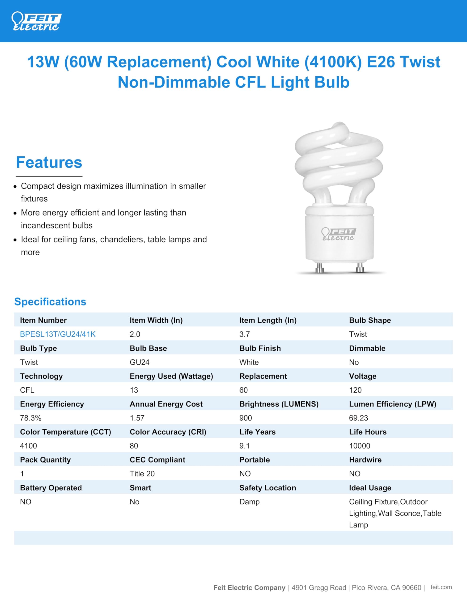 Feit Electric 60W Equivalent Cfl Twist Light Bulb On Gu24 Base, Non-Dimmable, 900 Lumens, 10K Life Hours, 4100K Cool White, 6 Pa
