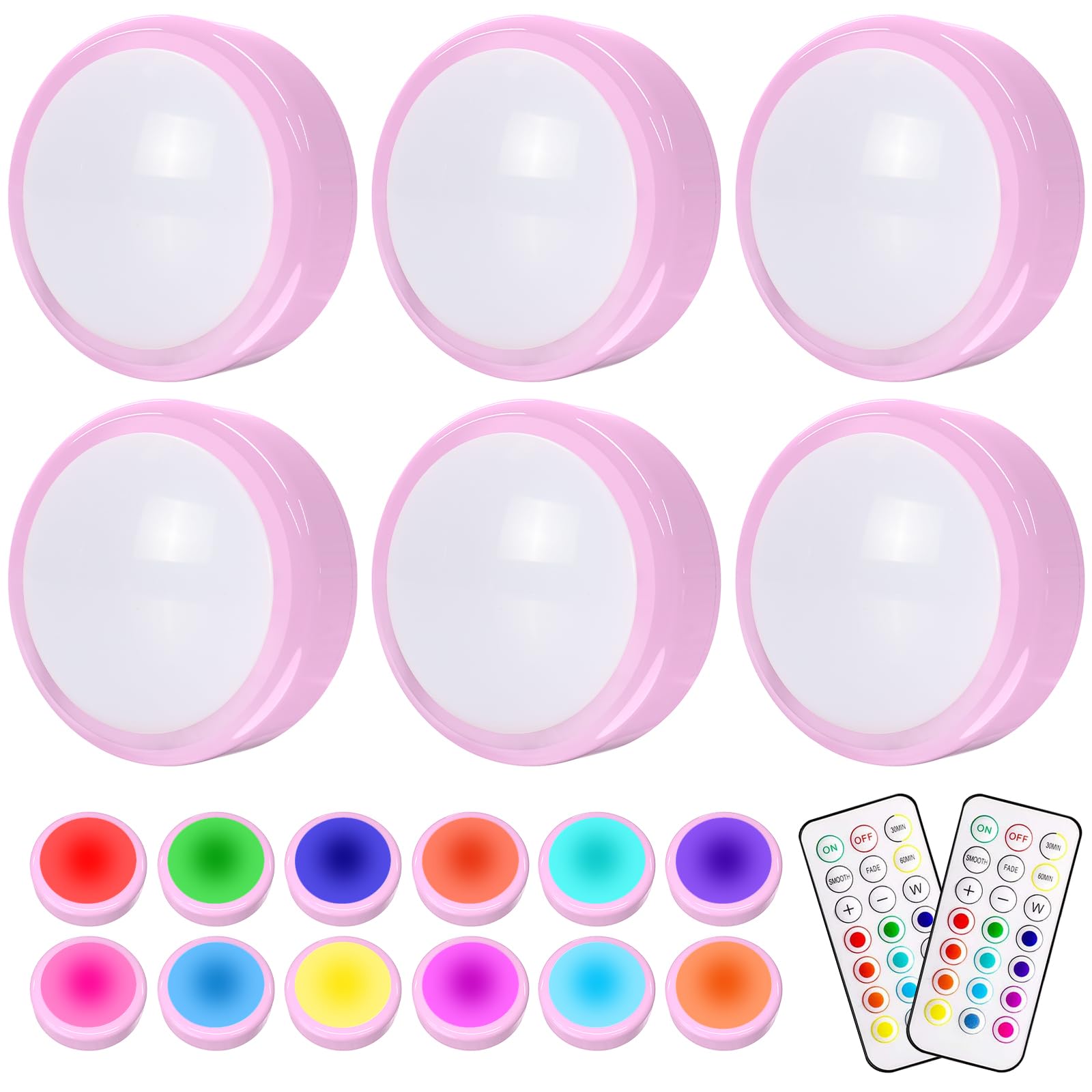 HELPLEX LED Puck Lights, 6 Pack Color Changing RGBW, Dimmable, Battery Powered, Wireless, Pink