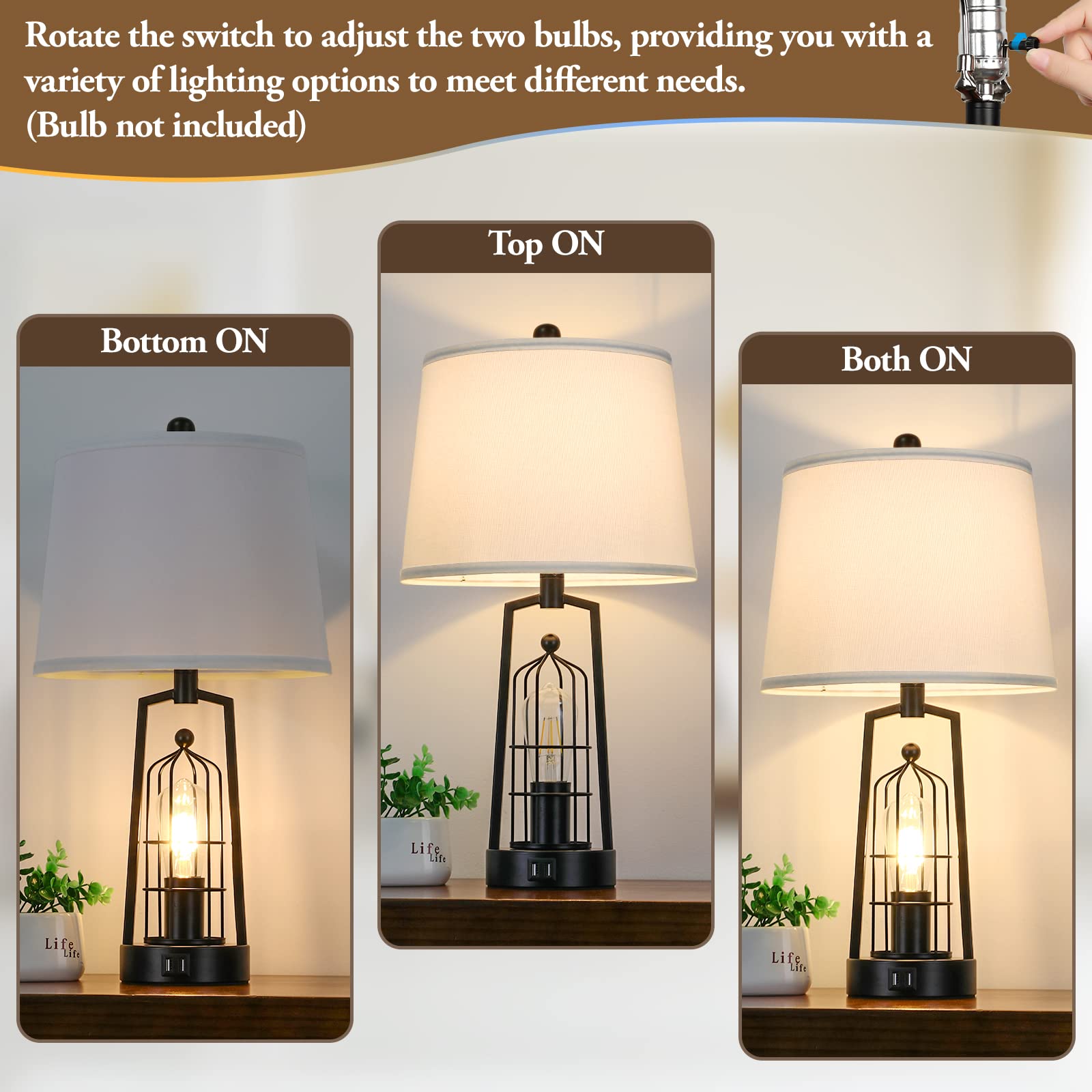 Brightever Farmhouse Table Lamps Set of 2, Rustic Metal with USB Ports, White Shades, Model JT2026.WH