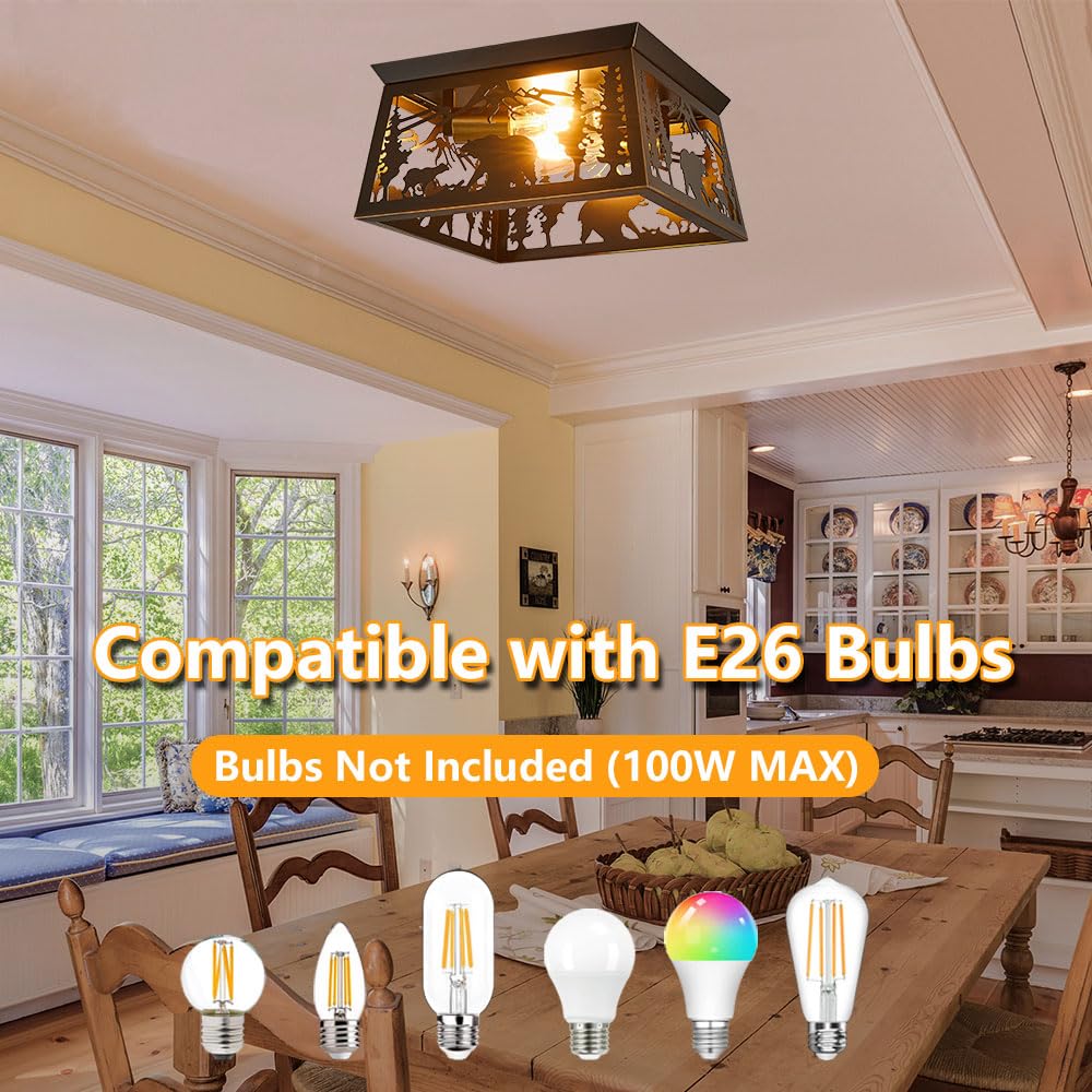 Rustic Light Fixture, 2-Light Farmhouse Flush Mount Ceiling Light Fixture, Metal Bear Country For Bedroom Foyer Entryway Hall Li