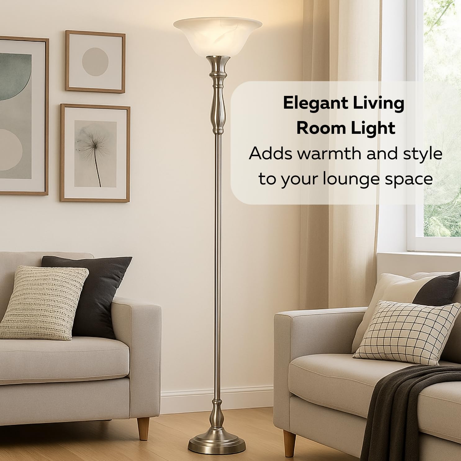 LIGHTACCENTS Floor Lamp 72" Tall Torchiere, Brushed Nickel with Alabaster Shade, Model 16176 - Modern Standing Lamp for Living Room or Bedroom
