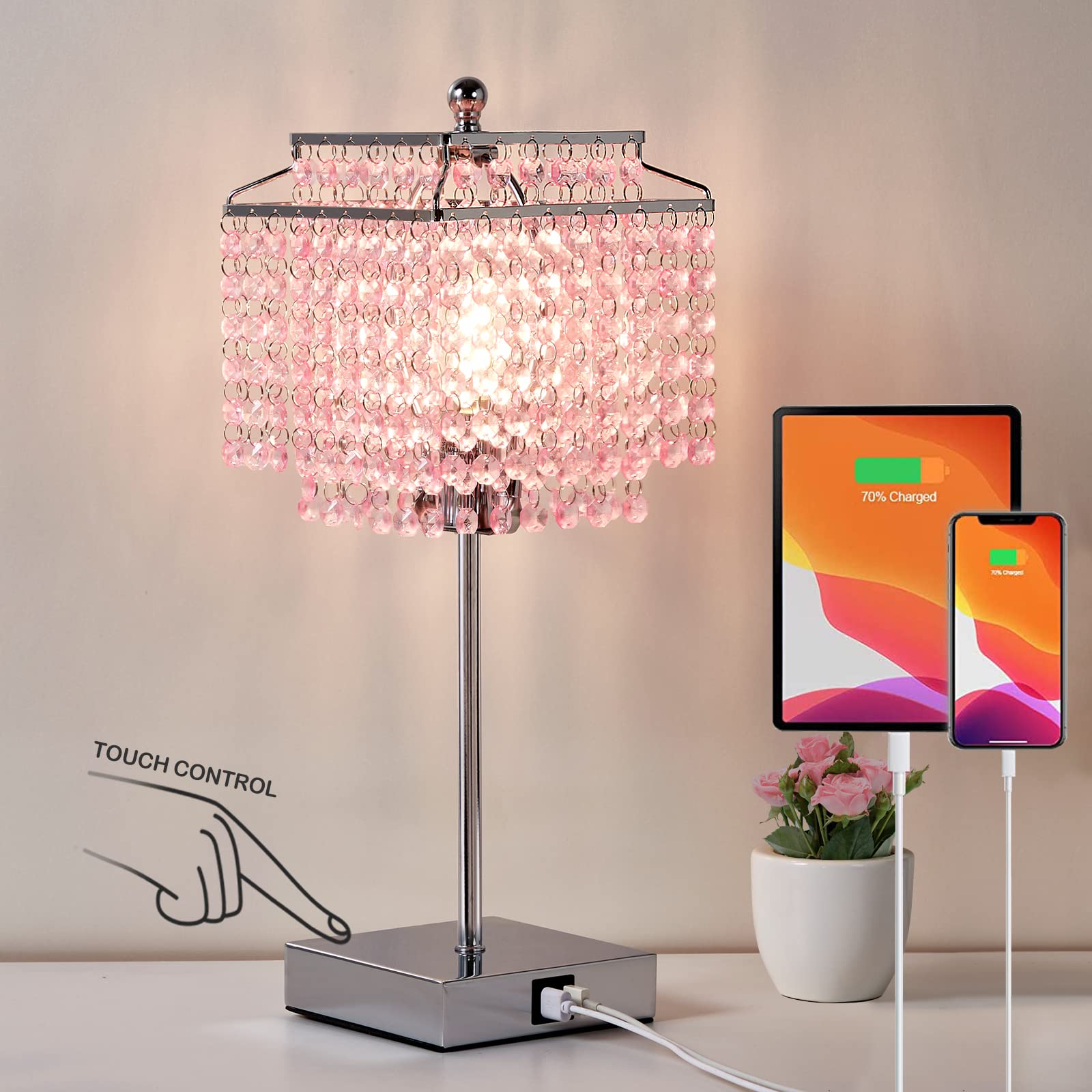 Luvkczc Pink Bedside Crystal Table Lamp, Touch Control Crystal Lamps, 3-Way Dimmable Lamp with Crystal Shade for Girl Bedroom, L