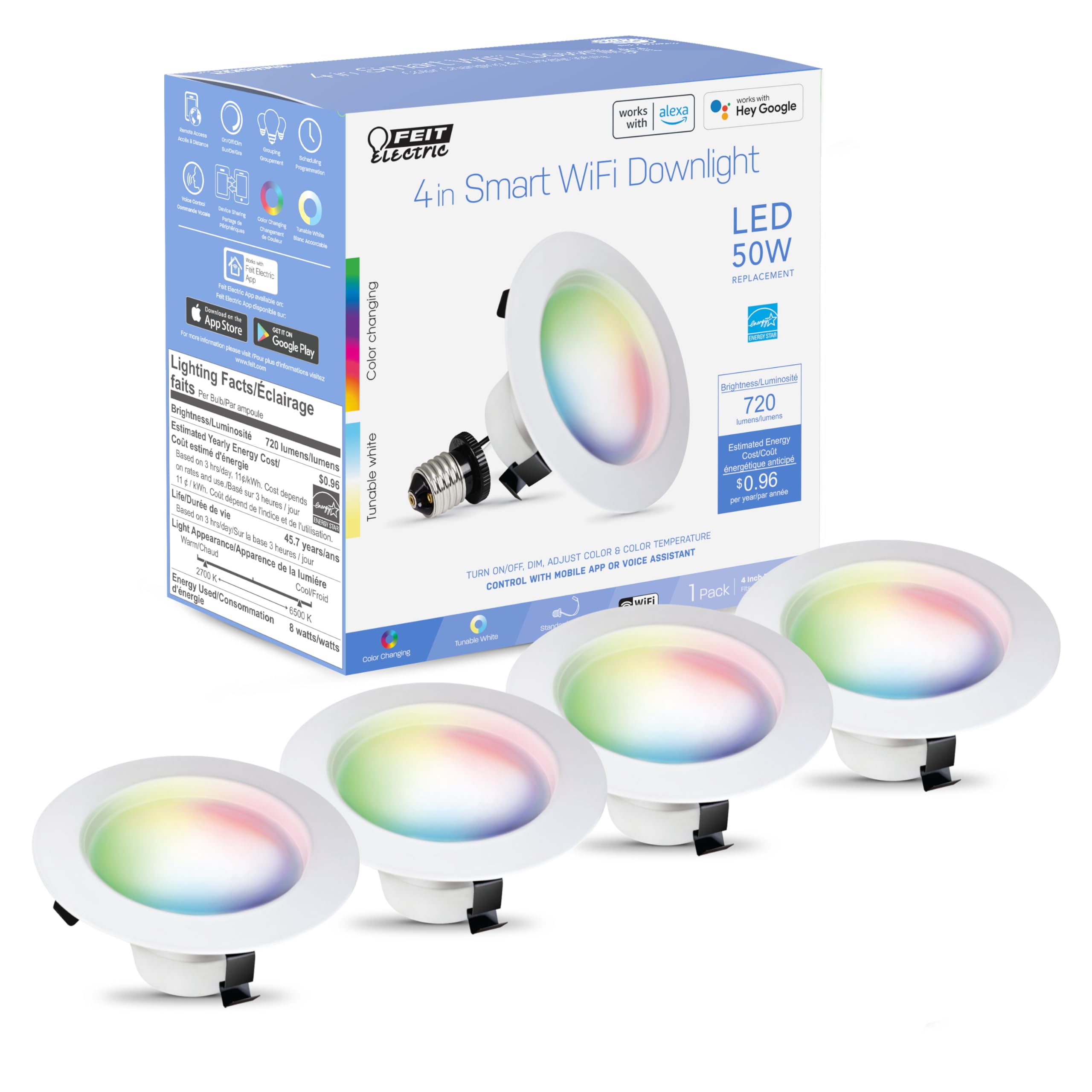 Feit Electric 4 Inch Smart Recessed Lights, Color Changing and Tunable White, 2.4GHz WiFi Retrofit LED Downlight E26 Base, Dimma
