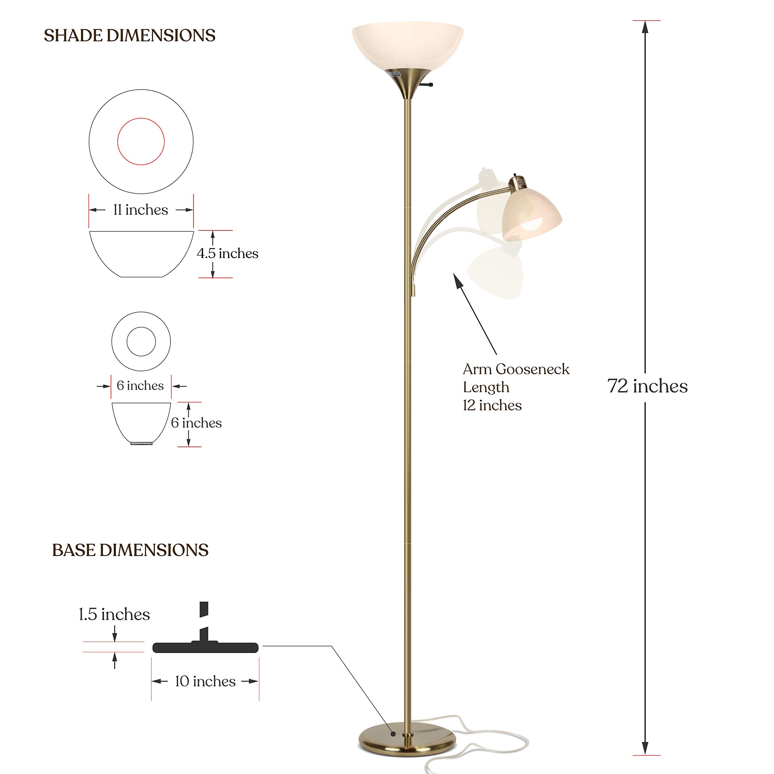 Brightech Sky Dome Plus LED Floor Lamp - Dimmable Torchiere with Reading Lamp, Gold Brass Finish, Model FL-DMEPLS-BRS