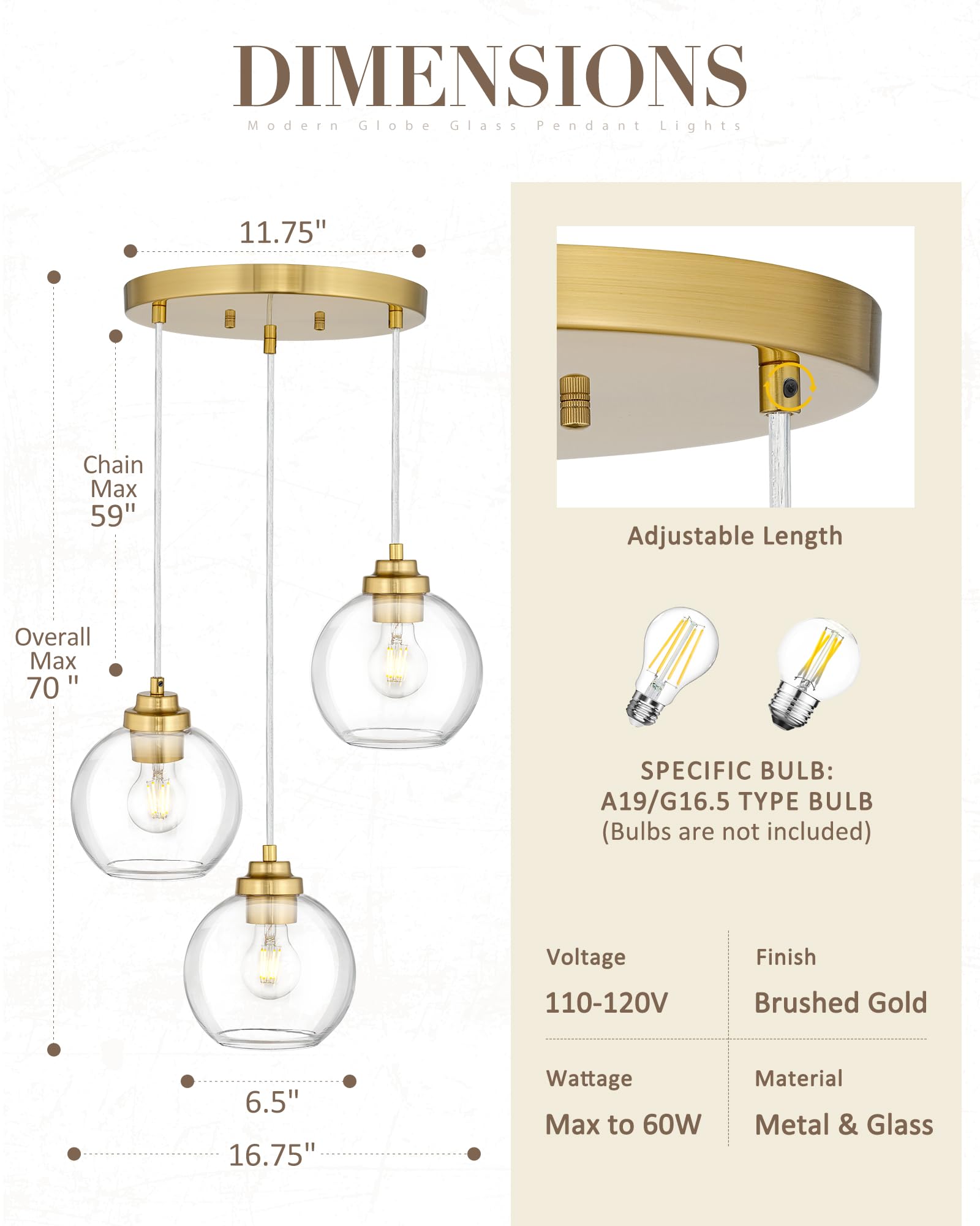 JAZAVA 3-Light Gold Cluster Pendant Light Fixture, 6.7" Clear Glass, Model ZCPL101BG-3C for Kitchen Island, Dining Room, Foyer