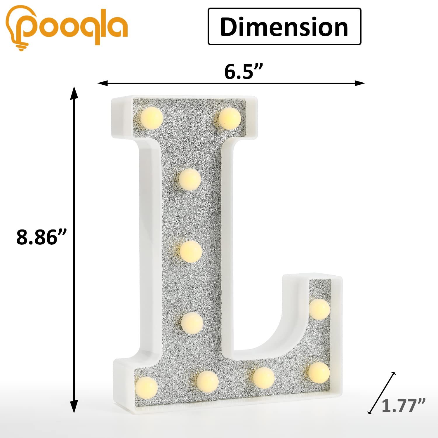 Pooqla LED Marquee Letter Lights, 18 Colors, Battery Powered, Glitter Silver, Perfect for Parties and Home Decor