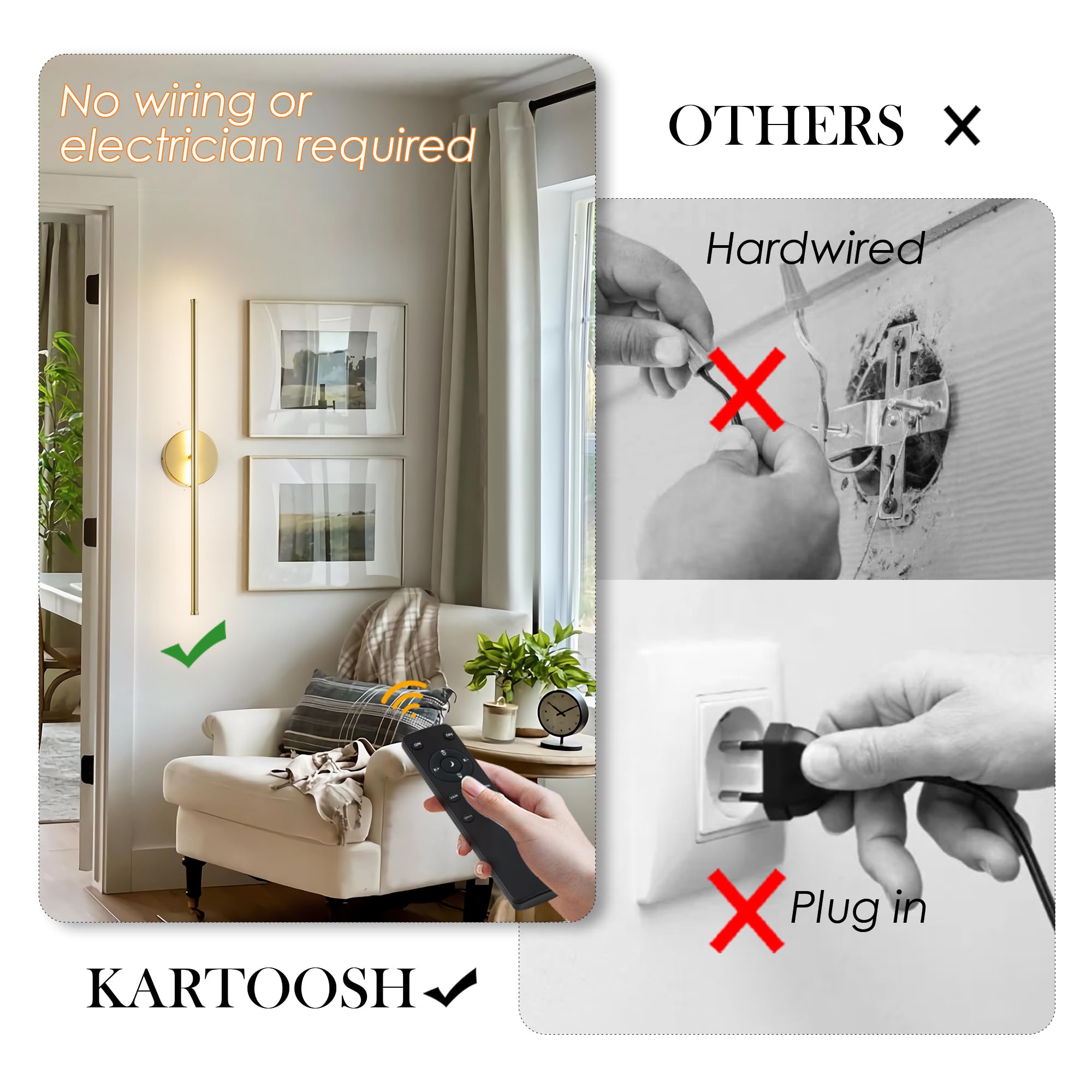 KARTOOSH Wall Sconces with Remote Control, 350° Rotate, 3 Color Temperatures, 28.3 Inch, Gold, Metal, 2 Pack, Model ZM326