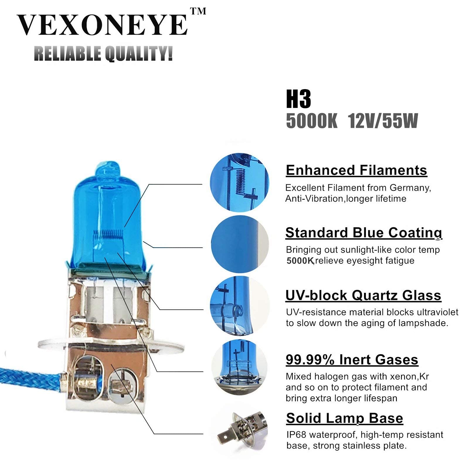 Vexoneye H3 Halogen Headlight Fog Light Bulb 12V 55W White 5000K 12336 64151 Super Bright