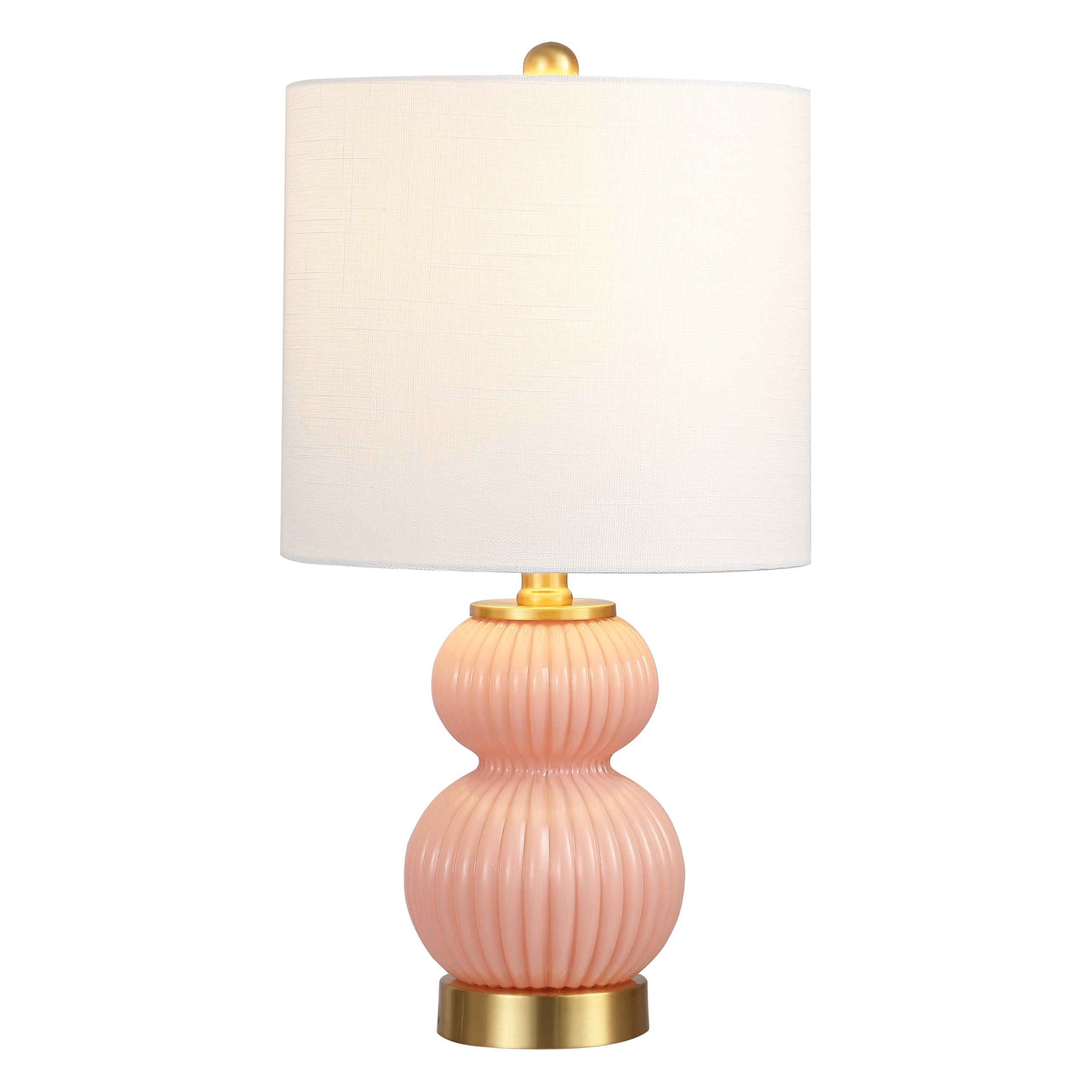 JONATHAN Y 20 Pink/Brass Gold Ribbed Gourd Glass Table Lamp, Modern Bedside Lamp for Bedroom Living Room, White Linen Drum Shade
