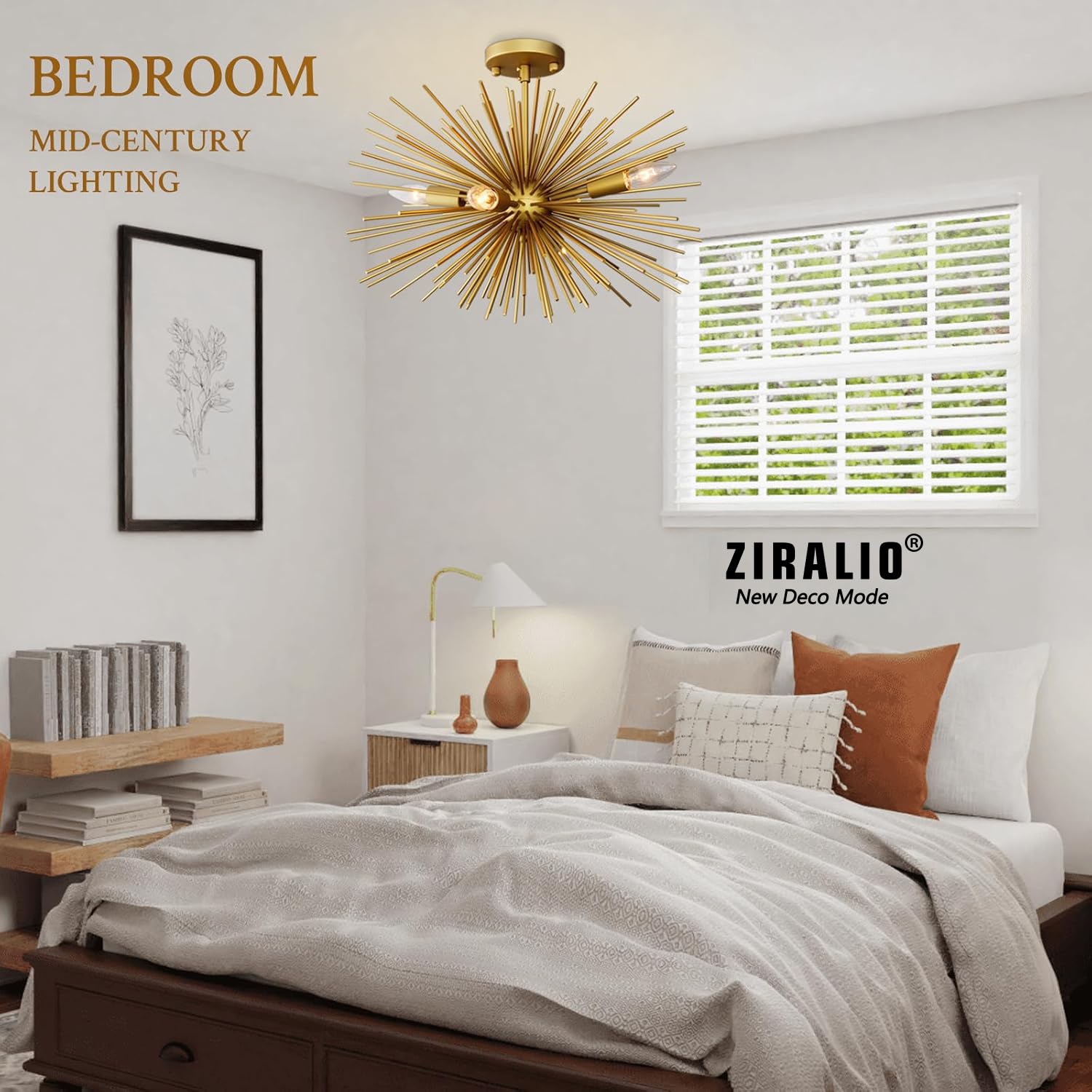 Ziralio Gold Sputnik Chandelier Modern Semi Flush Mount Ceiling Light Fixture Modern Golden Starburst Firework Chandelier For Di