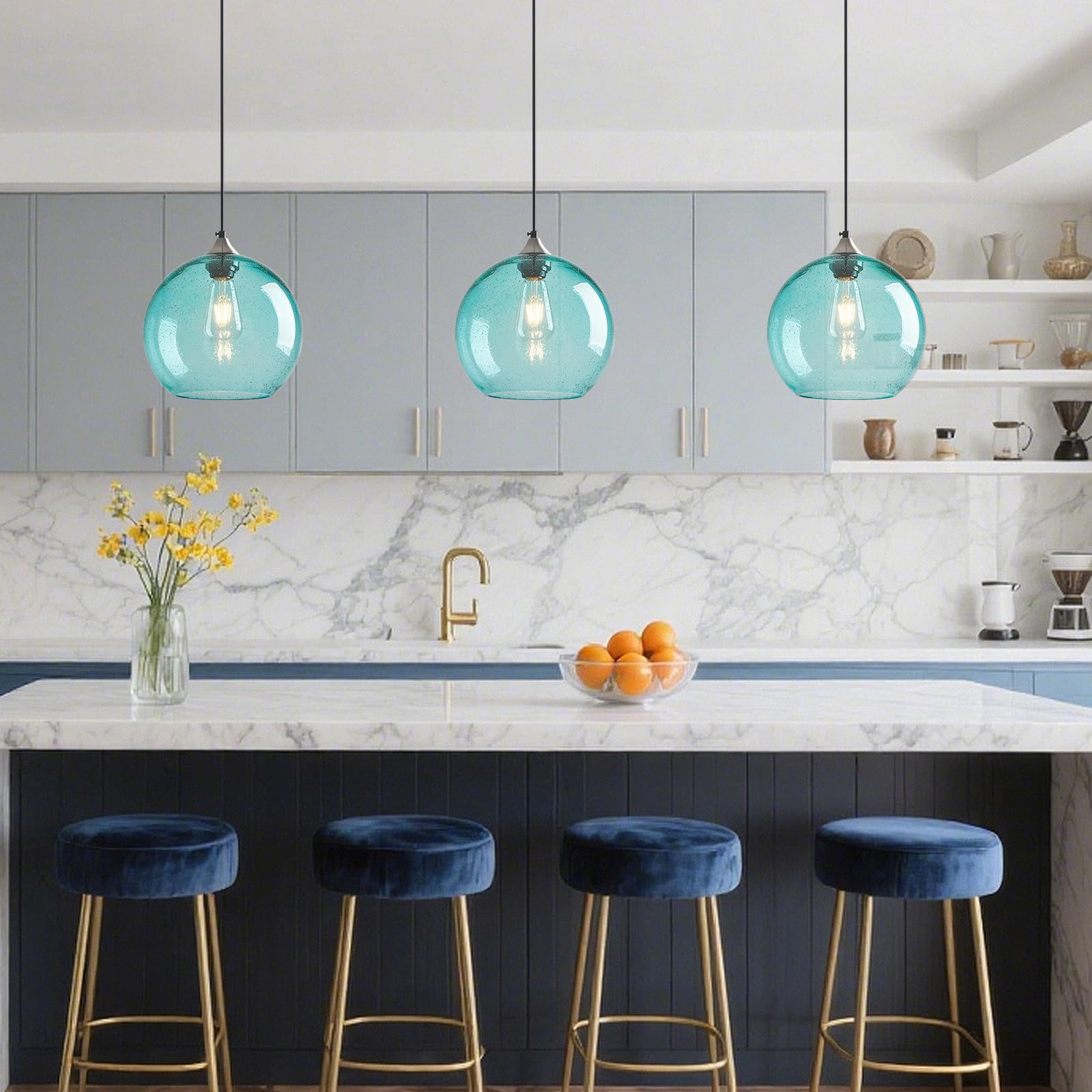 Lbsqj Light Blue Glass Pendant Lights Kitchen Island Globe Pendant Light Fixtures Modern Pendant Lighting For Bedroom Living Dining Room Light Fixture (9.84 In  2 Pack)