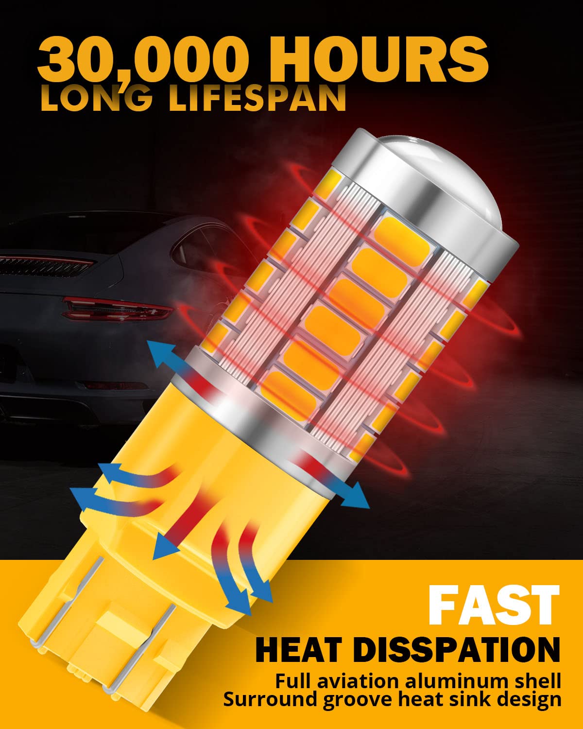 Auxbeam 7440 7443 LED Bulbs - Amber Yellow, 3500K, T20 Replacement Kit for Turn Signal Lights, Pack of 2