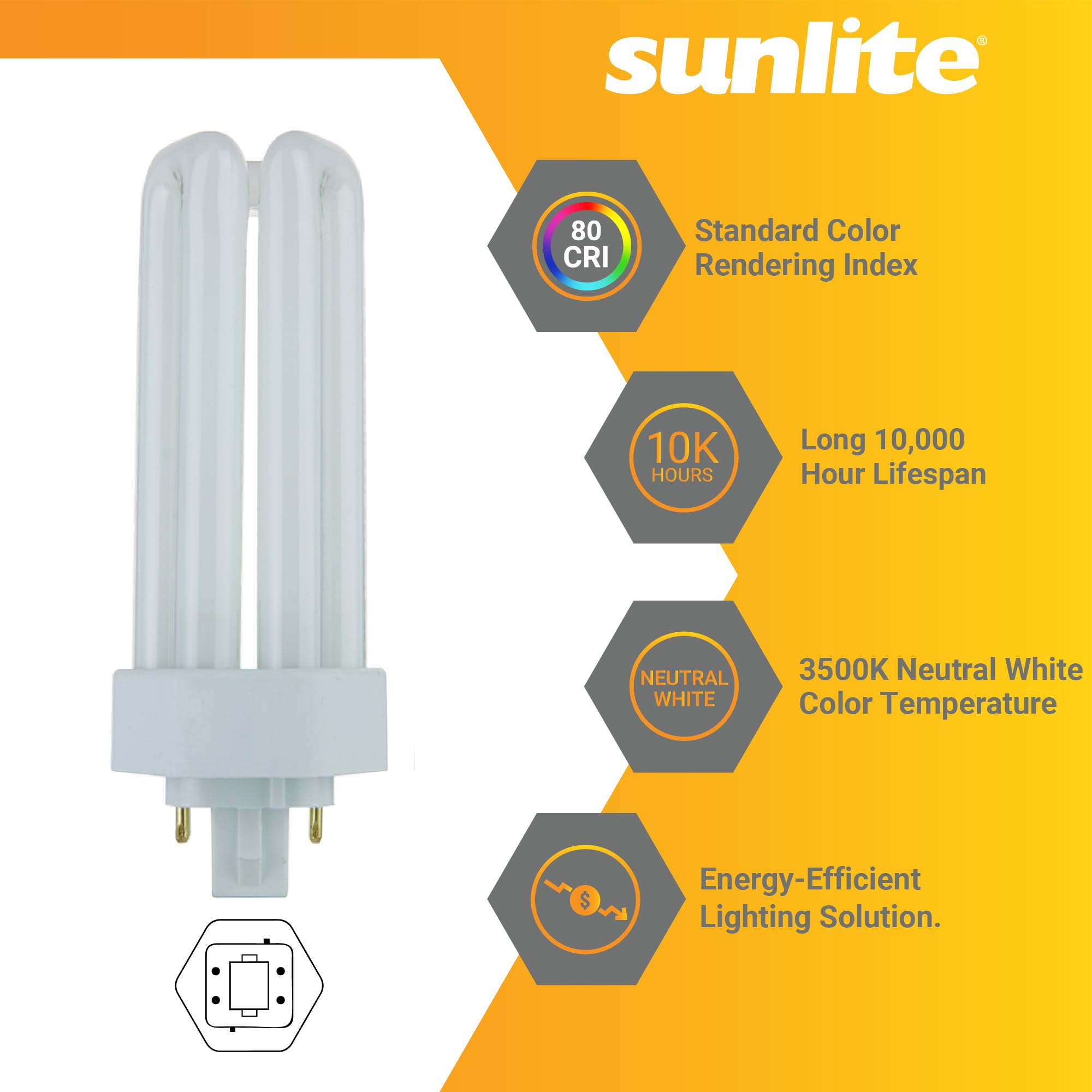 Sunlite PLT26/E/SP Compact Fluorescent Plug-in PLT 4-Pin Triple Tube, 26 Watts, 4-Pin GX24q3 Base, 1800 Lumens, 3500K Neutral Wh