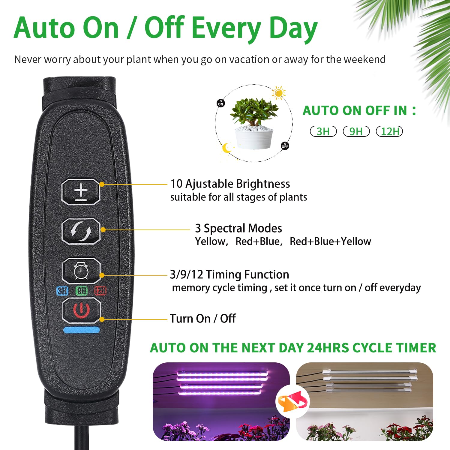 Rwntao Four Strip Growing Lamp For Indoor Plants, Red & Blue & Yellow Full Spectrum Led Grow Light Strips With Auto On/Off 3/9/12H Timer,10 Dimmable Levels For Green House Succulent (13 In)