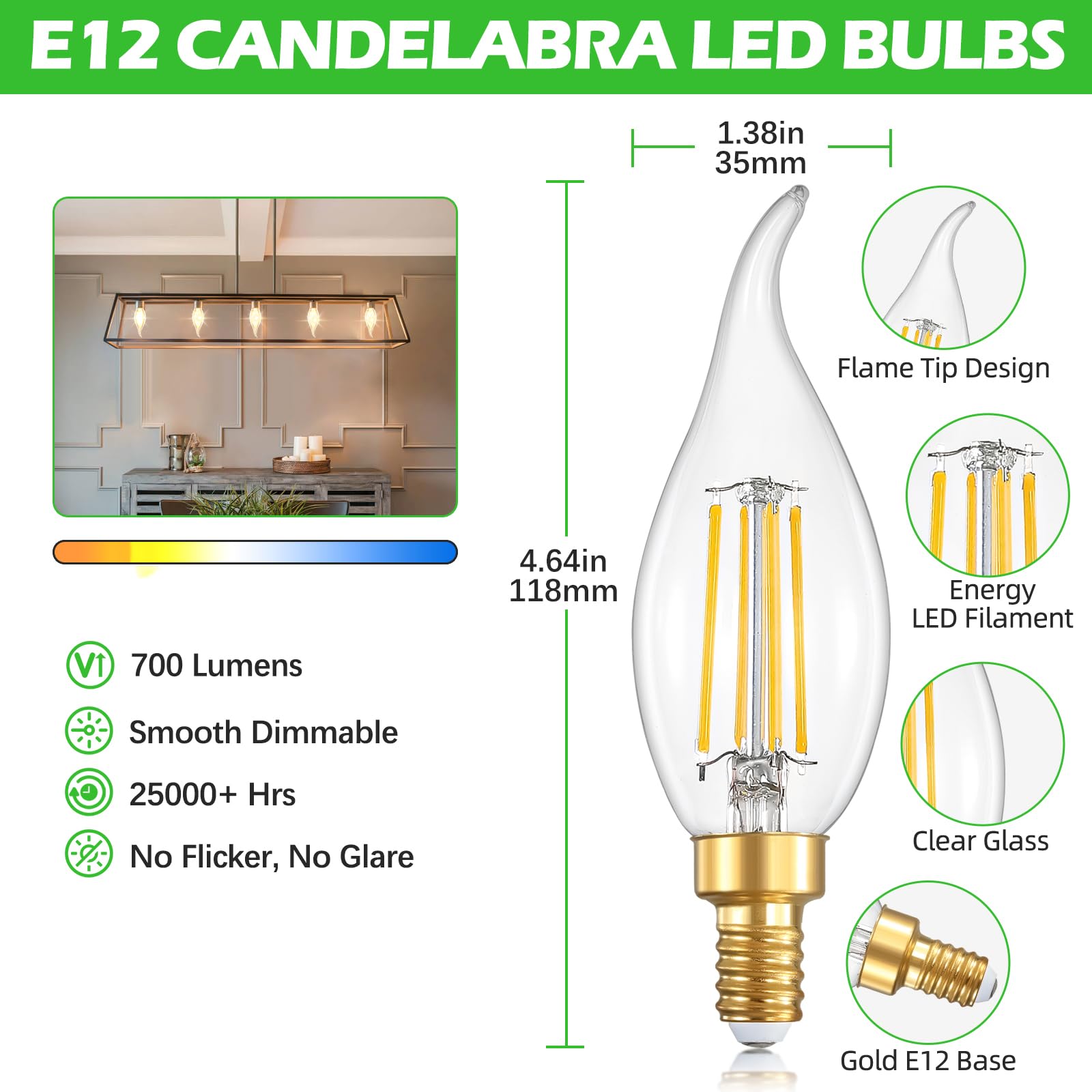 Iinvgood Dimmable Led Candelabra Bulbs 60 Watt Equivalent, 2700K Soft Warm White Chandelier Light Bulbs, 6W 700 Lumens Flame Tip