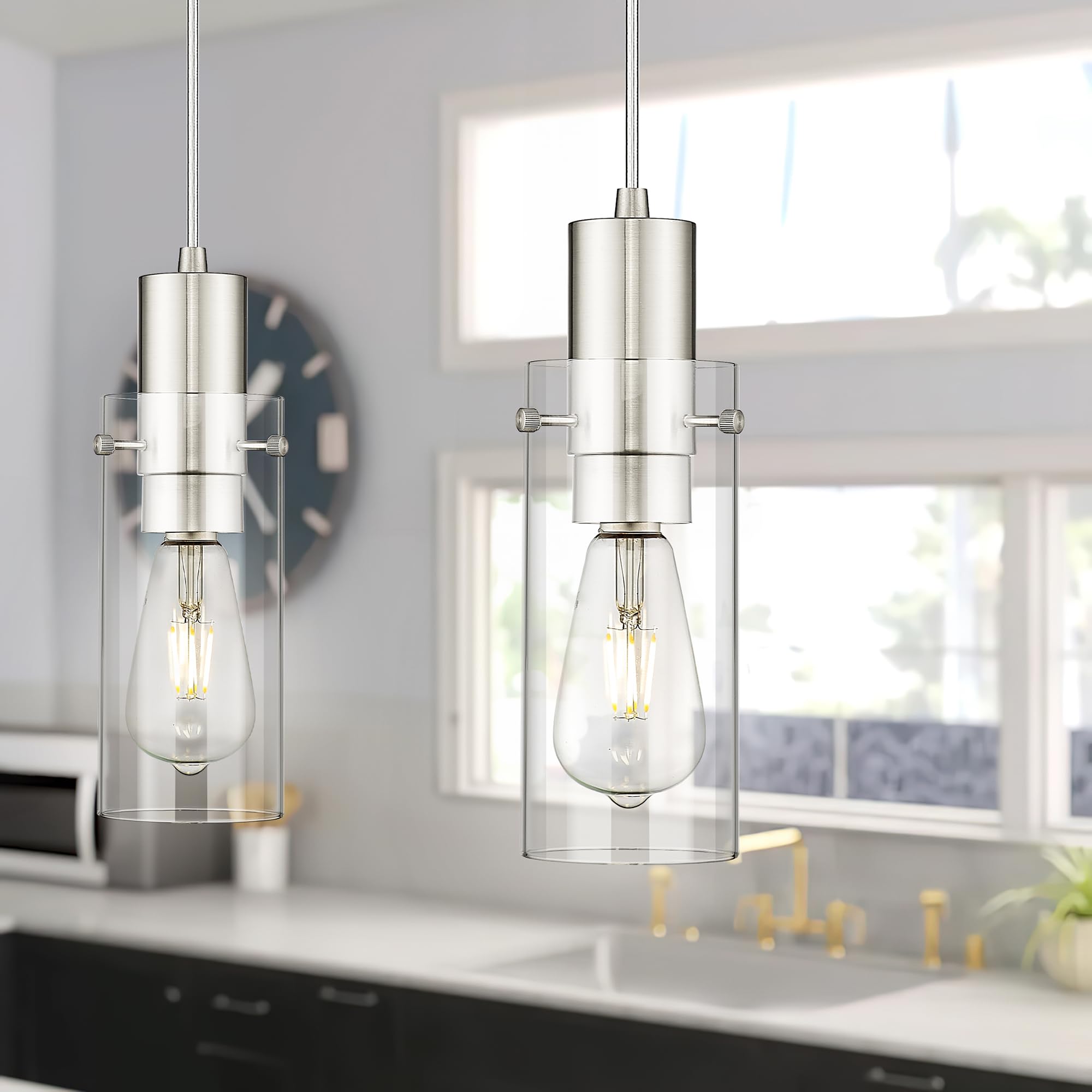 Emak Cylinder Pendant Lights Kitchen Island, Modern Brushed Nickel Pendant Light With Clear Glass Shade, 1 Light Pendant Lightin