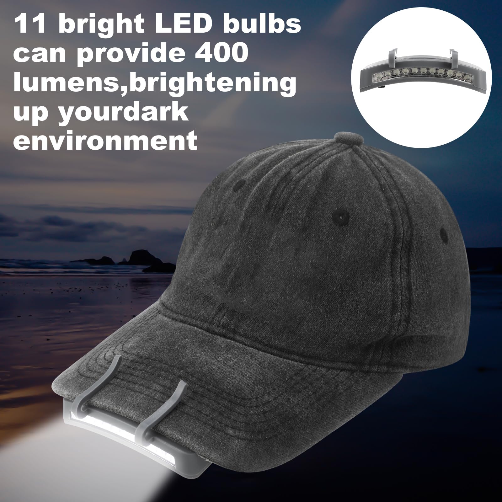 Mudder 4 Pcs Hat Light Clip 11 LED Hat Lights Clip on Headlamp Battery Powered Brim Lamp Gray Waterproof Ultra Bright Headgear F