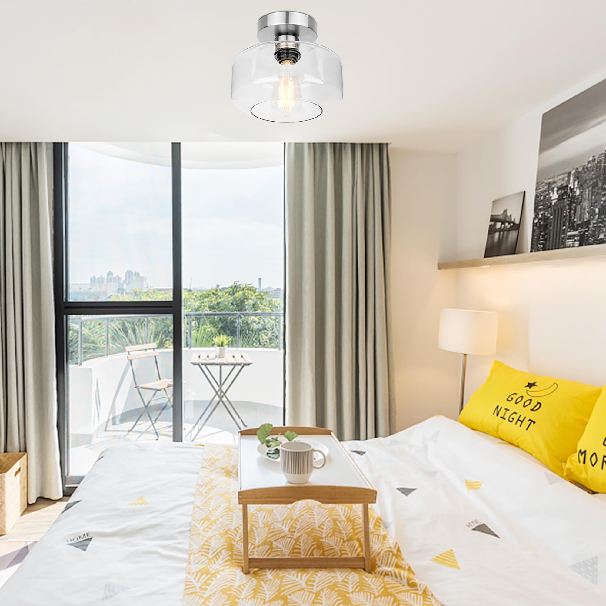 Lynnoland Industrial Semi Flush Mount Ceiling Light, Brushed Nickel, Clear Glass Shade, 900 Lumen LED Bulb, Model N1900CL03