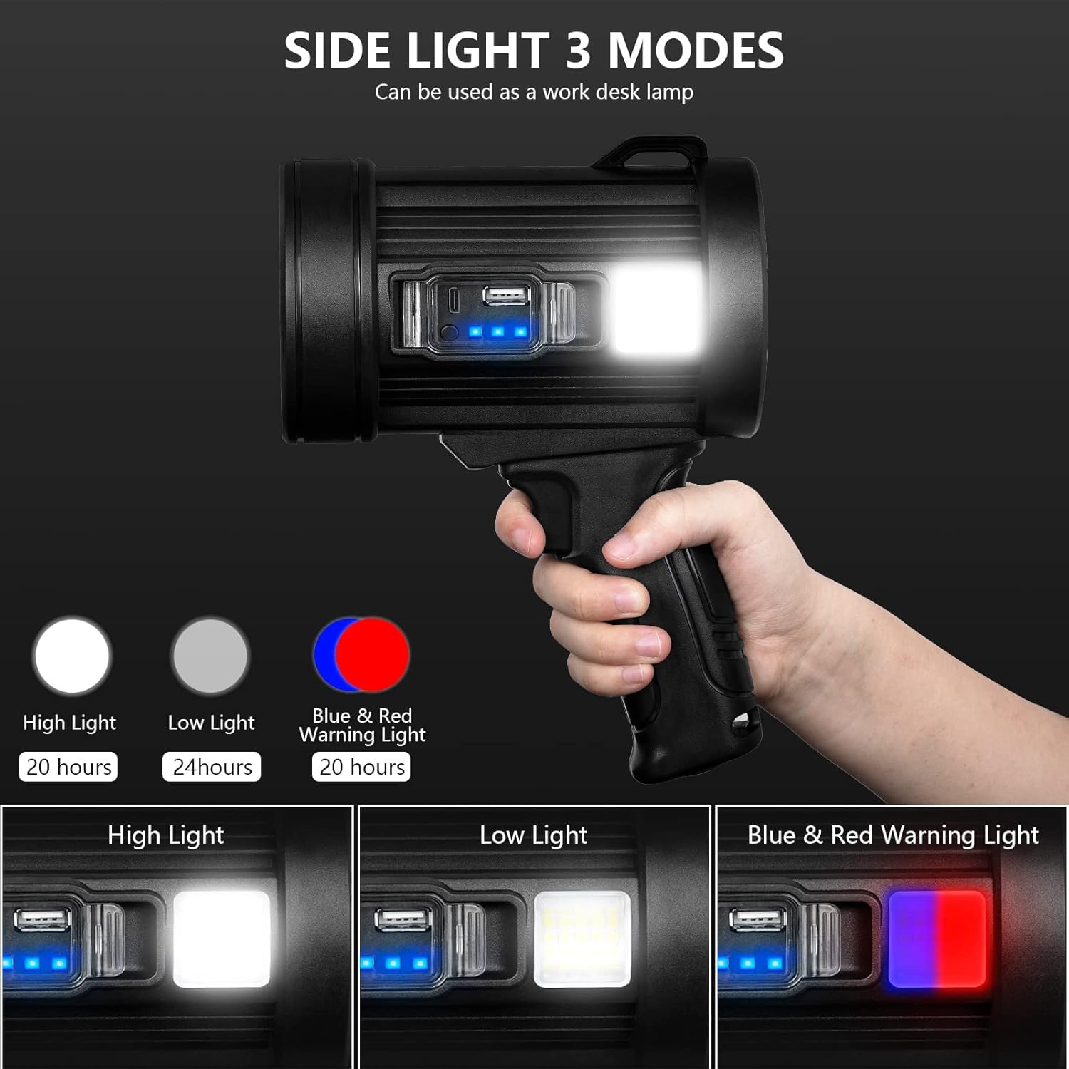 MIXILIN Rechargeable Spotlight 150000 Lumens LED Flashlight, Lightweight Black Handheld Model W-5113 for Hunting, Boating, Camping