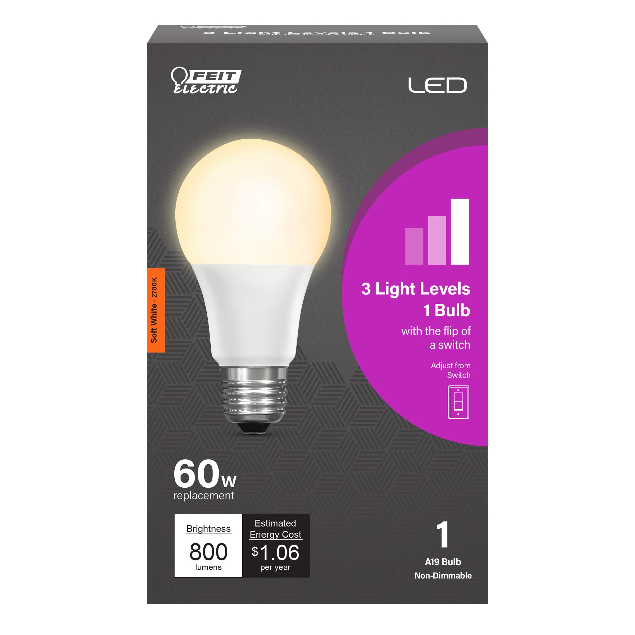 Feit Electric A19 LED Light Bulb, 65W Equivalent IntelliBulb Switch to Dim, E26 Medium Base, 800 Lumens 2700K Soft White  OM60/