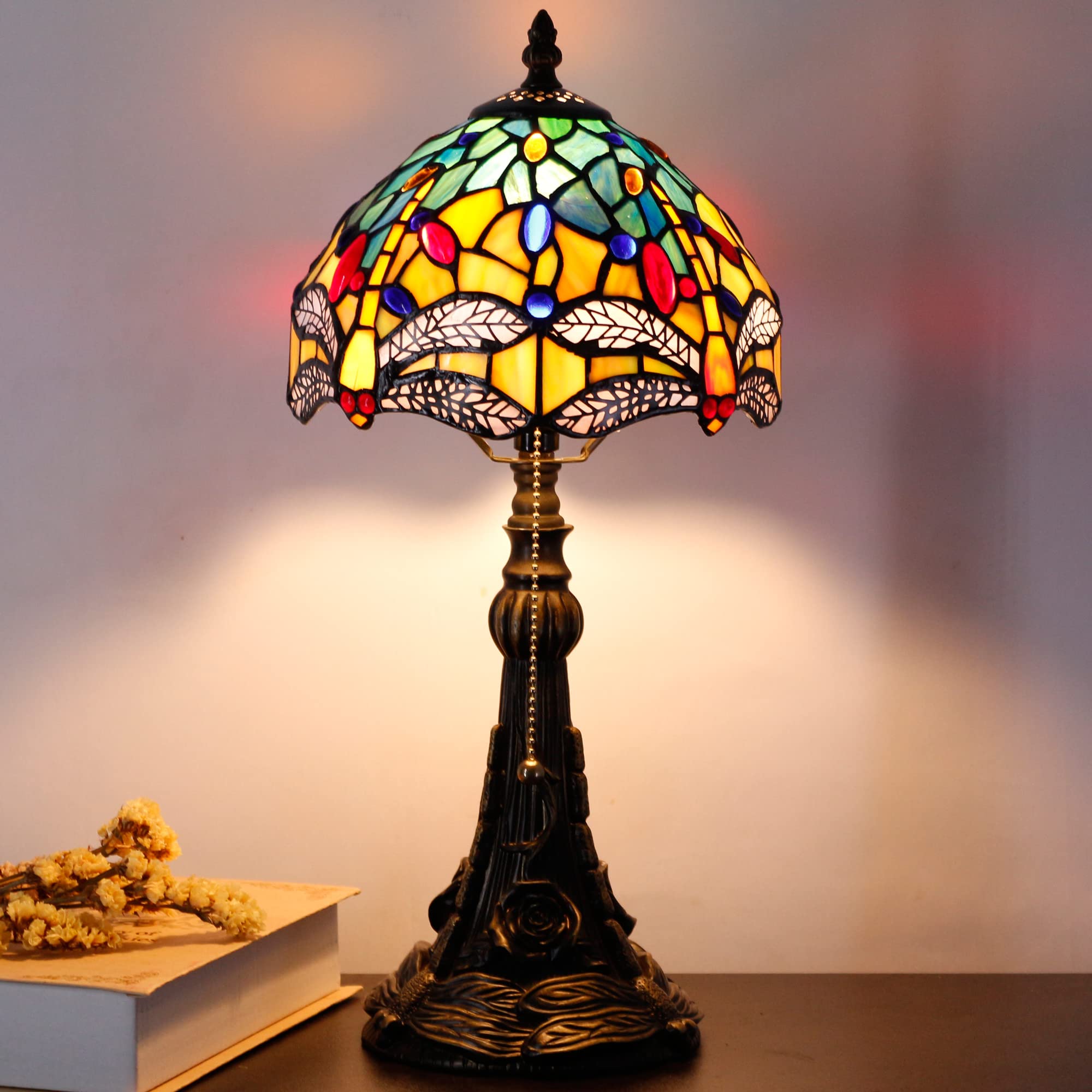 Small Tiffany Lamp Mini Stained Glass Desk Lamp Vintage Table Lamp Tiffany Style Night Light 8X17.5 Inch (Blue Baroque Style)
