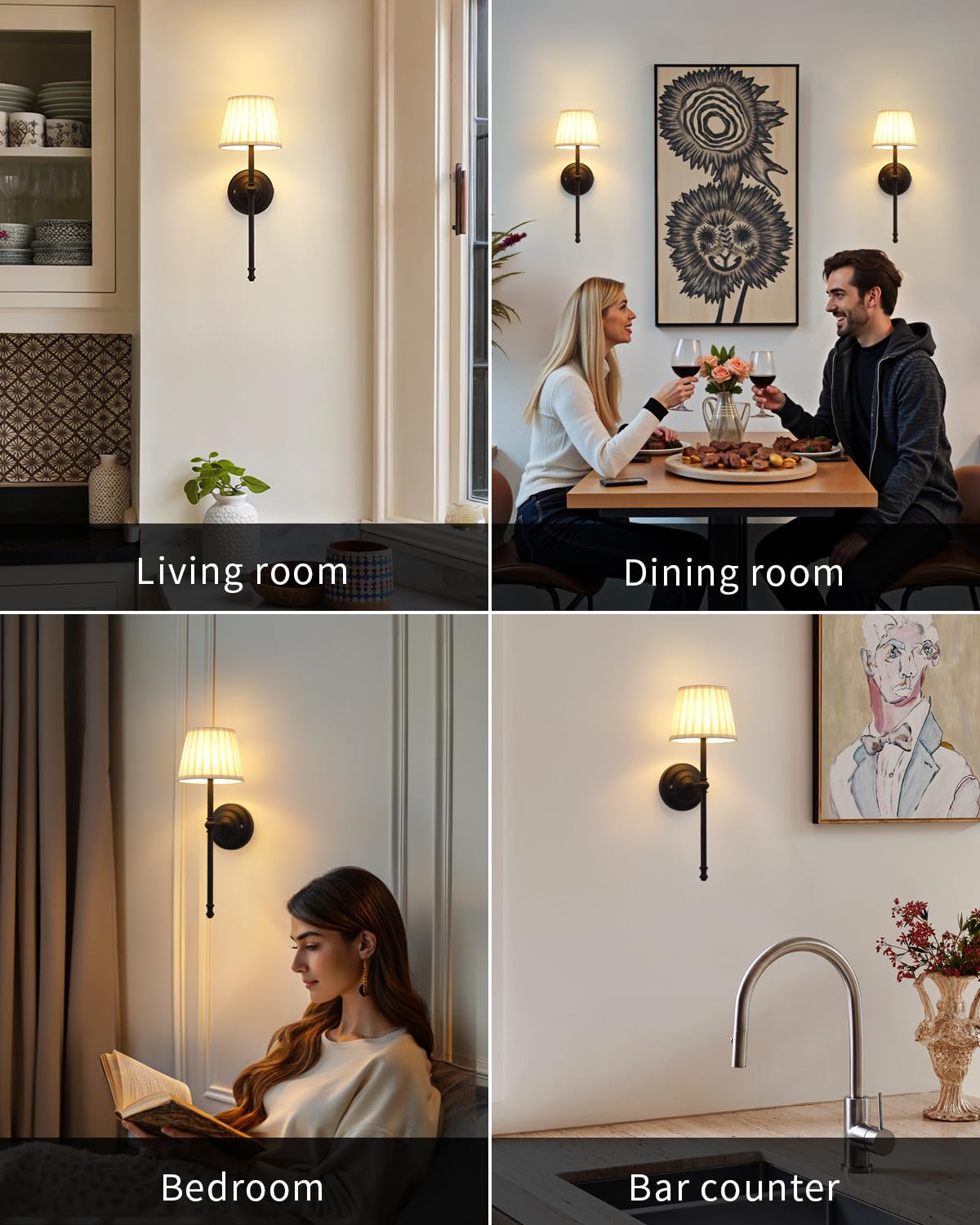 KDG Cordless Wall Sconces Set of 2, Black Fabric LED Lamps, Rechargeable 5200mAh, Portable Lighting for Living Room, Bedroom, Hallway