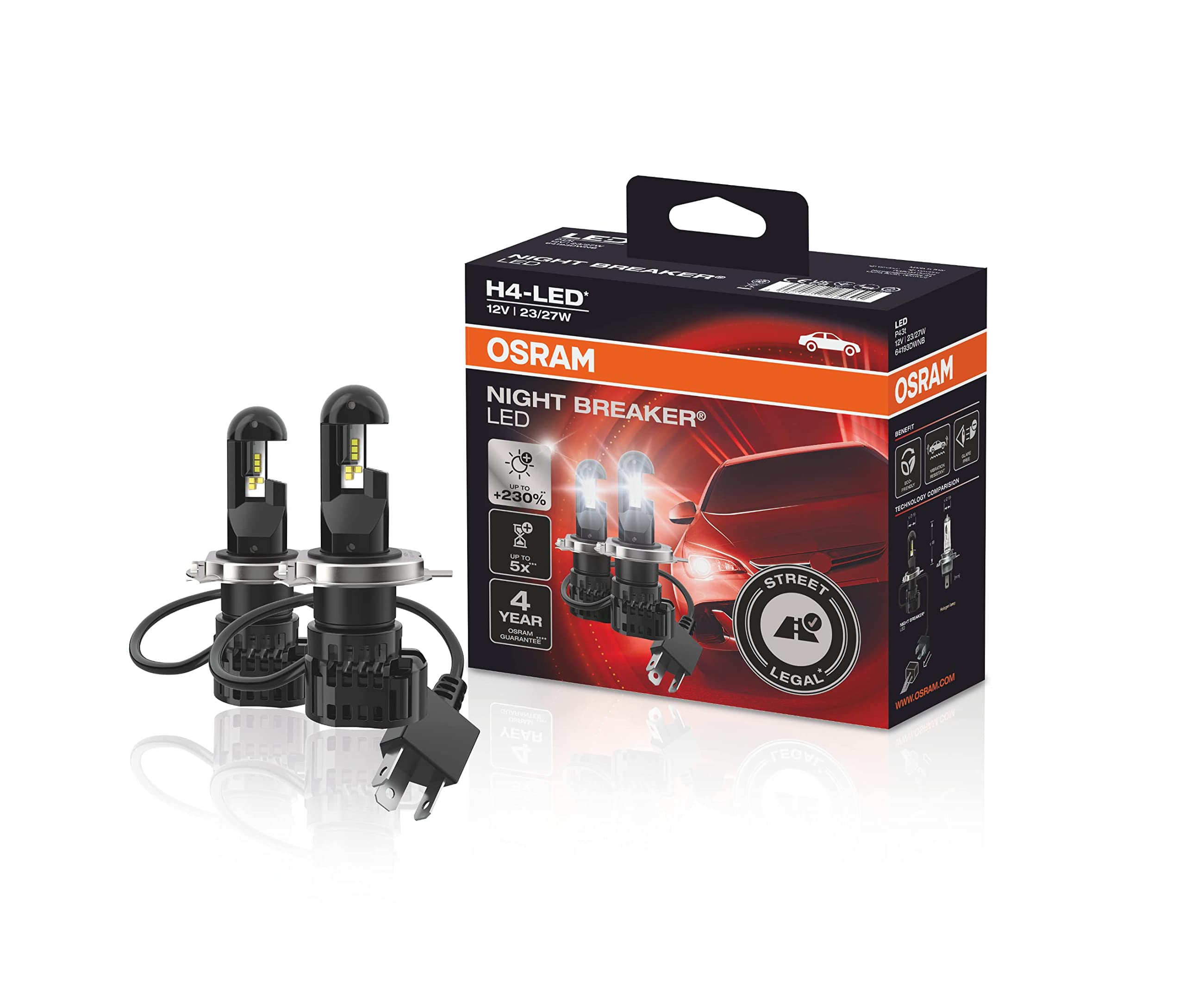 Osram Night Breaker H4 Led Bulb - 230% Brighter, Legal Low/High Beam, Black, Model 64193Dwnb