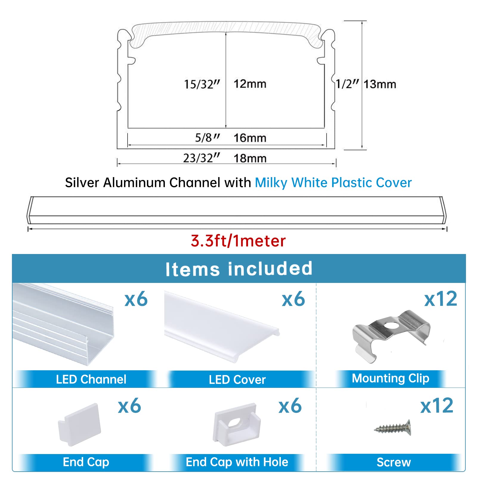 Muzata LED Channel System, 6Pack, Aluminum, 3.3FT/1M, Waterproof for LED Strip up to 16mm Width, Silver, Model U103, White Cover