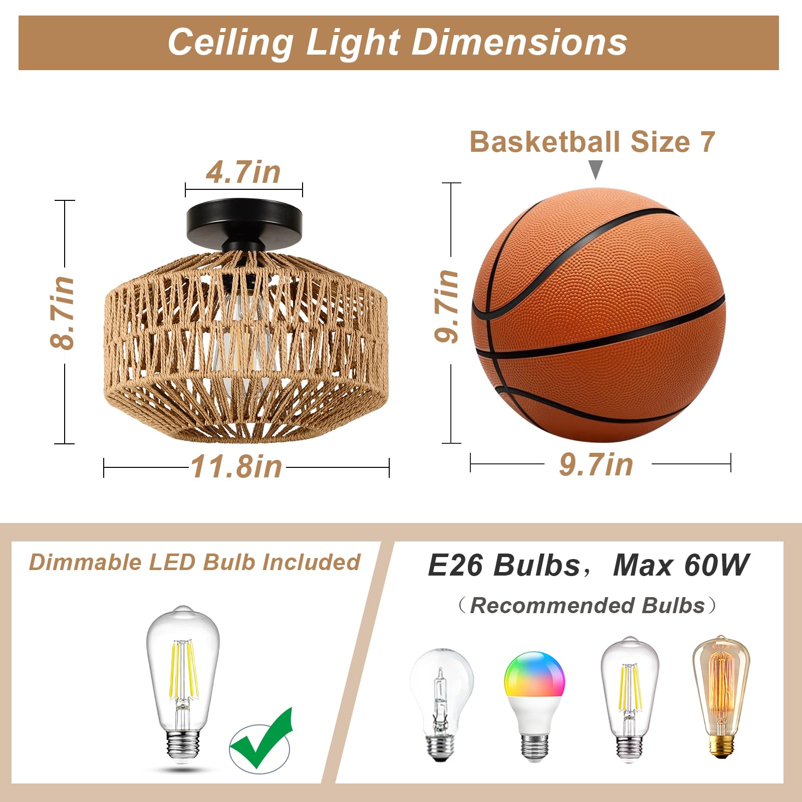 Jobtical Boho Light Fixtures Ceiling Mount,Mini Rattan Chandelier Light Fixture With Dimmable Led Bulb,Hand Woven Ceiling Light