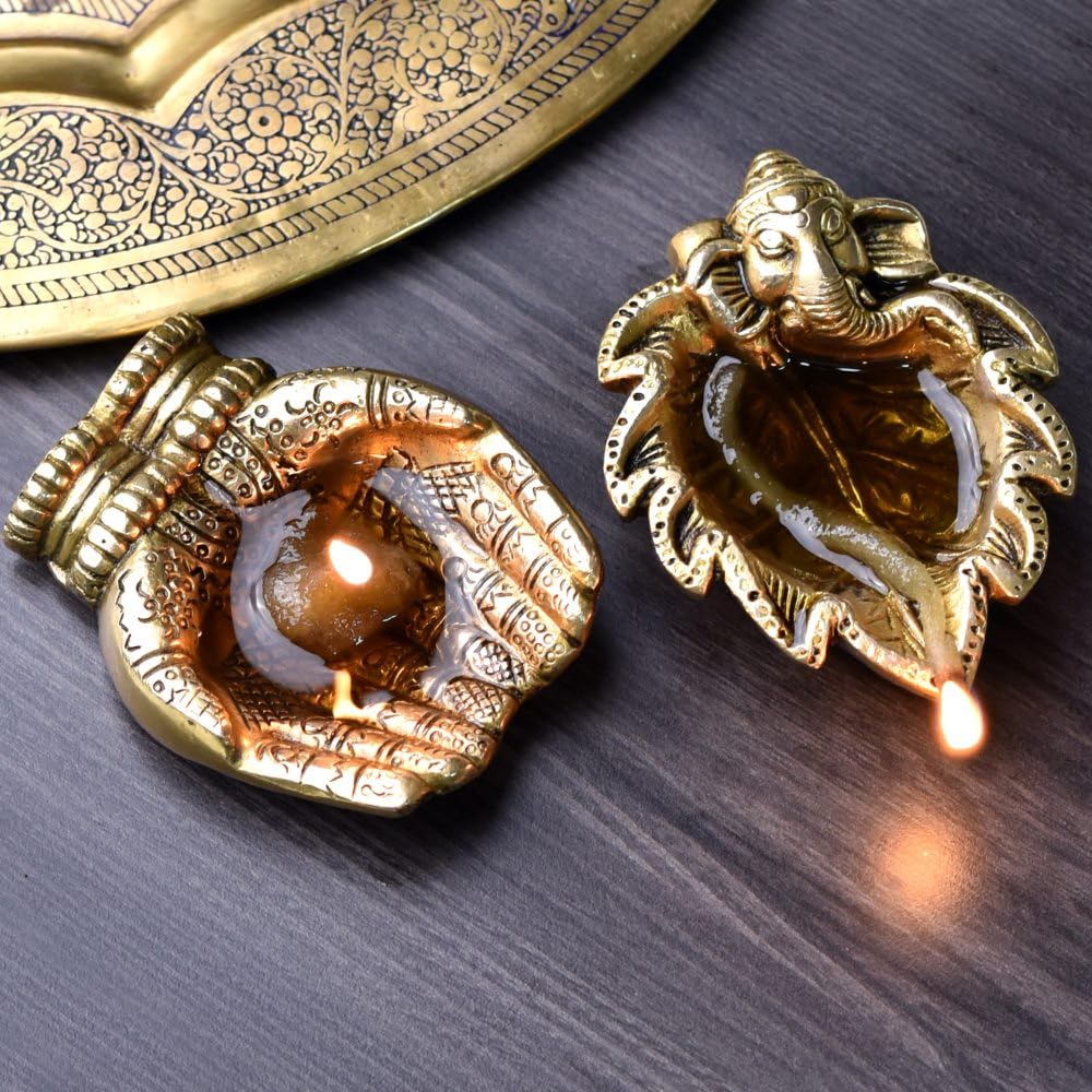Indian-Shelf 2 Pieces Unique Brass Oil Lamp Diya Decoration Items for Home Pooja Room Mandir Living Room Designer Worship Diya P