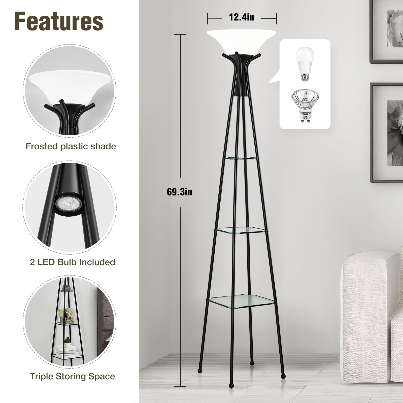 Floor Lamp With Shelves, 69    Tall Shelf Lamp With Remote Control, 3-Tier Glass Shelf Lamp, Dimmable Industrial Floor Lamps For