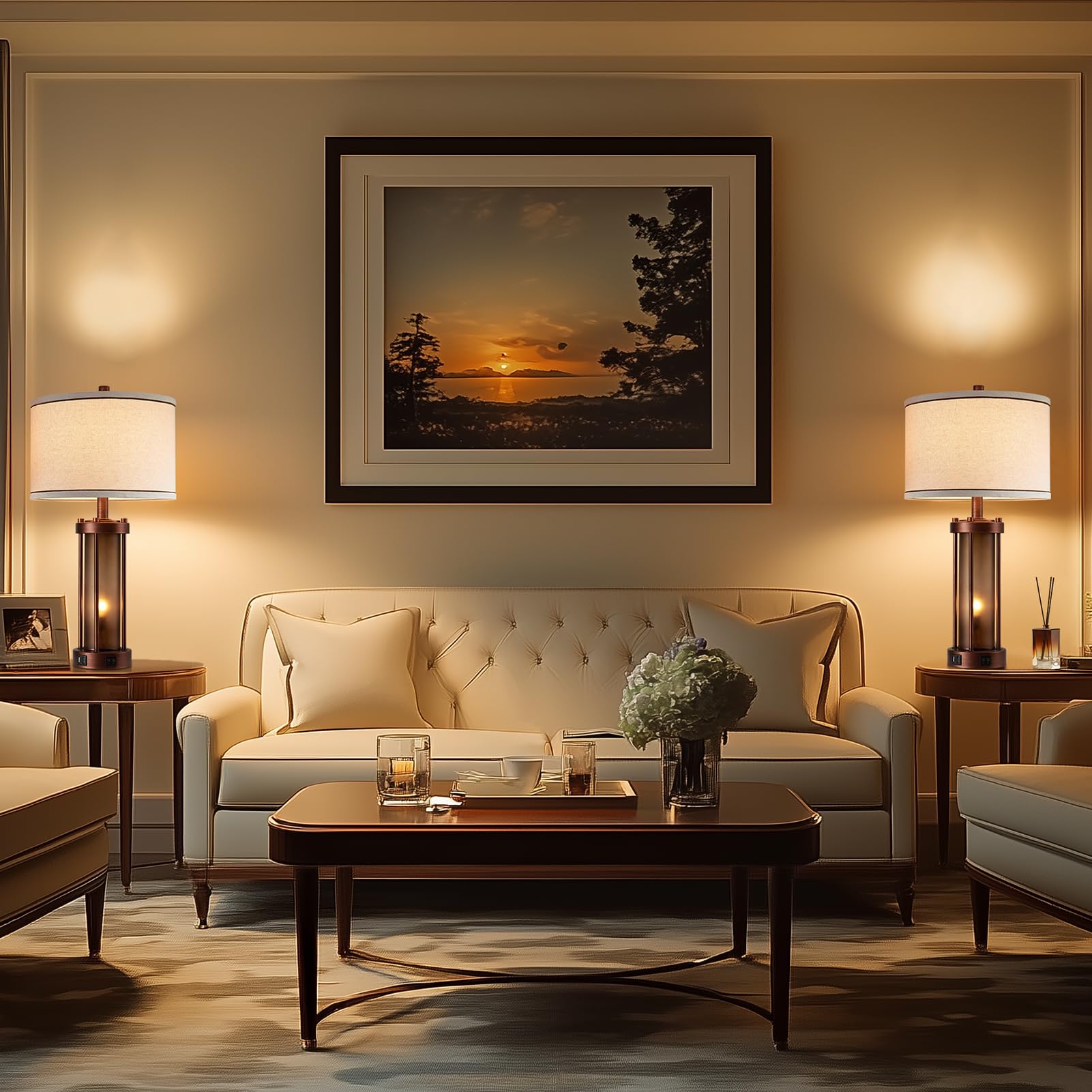 Set Of 2 Farmhouse Table Lamps For Living Room, Rustic Bedside Lamps With 2 Usb Charging Ports, Bedroom Nightstand Lamp With Amb