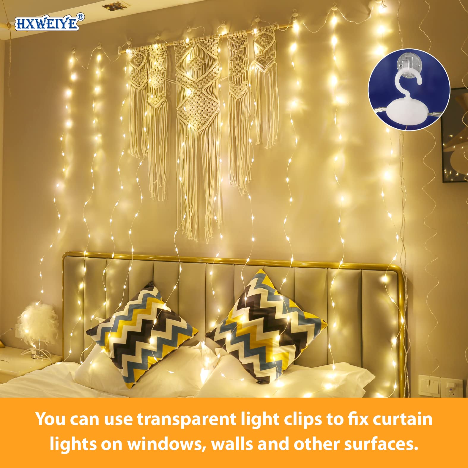 HXWEIYE Fairy Curtain Lights, 300LED Warm White, 3m x 3m, USB Plug, 8 Modes, Remote Control, for Indoor/Outdoor Wedding Party Décor