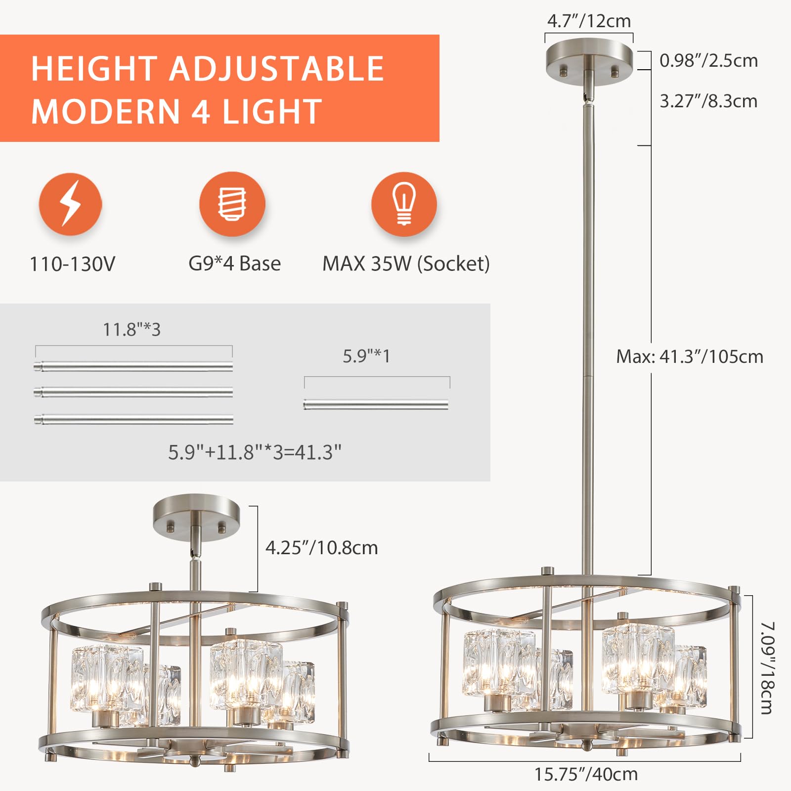 Majhoiw Brushed Nickel Ceiling Light Modern 4-Light Pendant Lighting Fixture 15.7'' Adjustable Height Chandeliers With Glass Lam