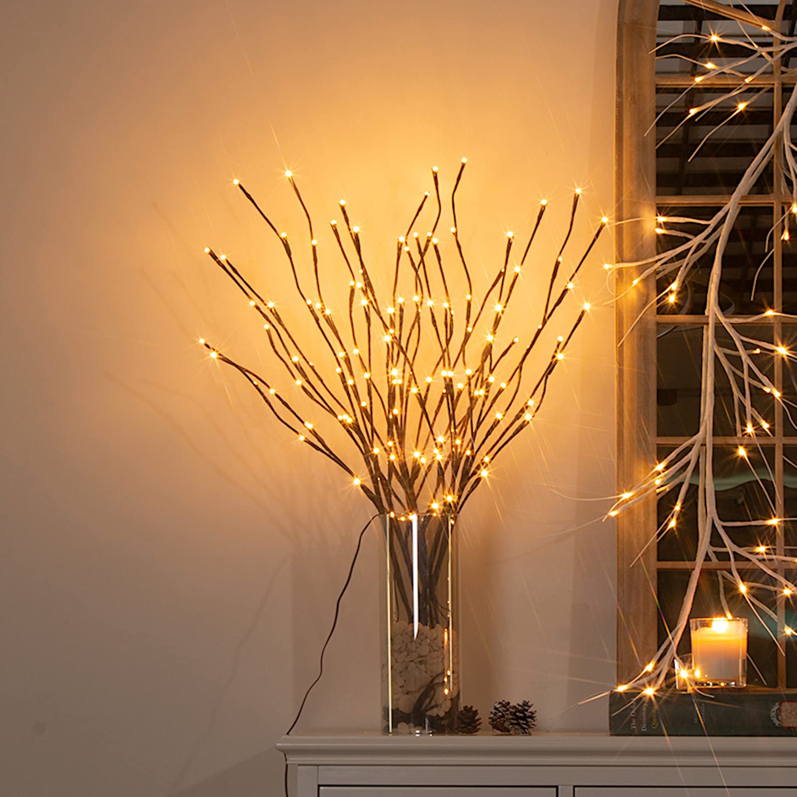 Vanthylit Lighted Twig Stakes Set of 2, 30" Brown Plastic, 120 Warm White Lights for Indoor/Outdoor Pathway Decoration