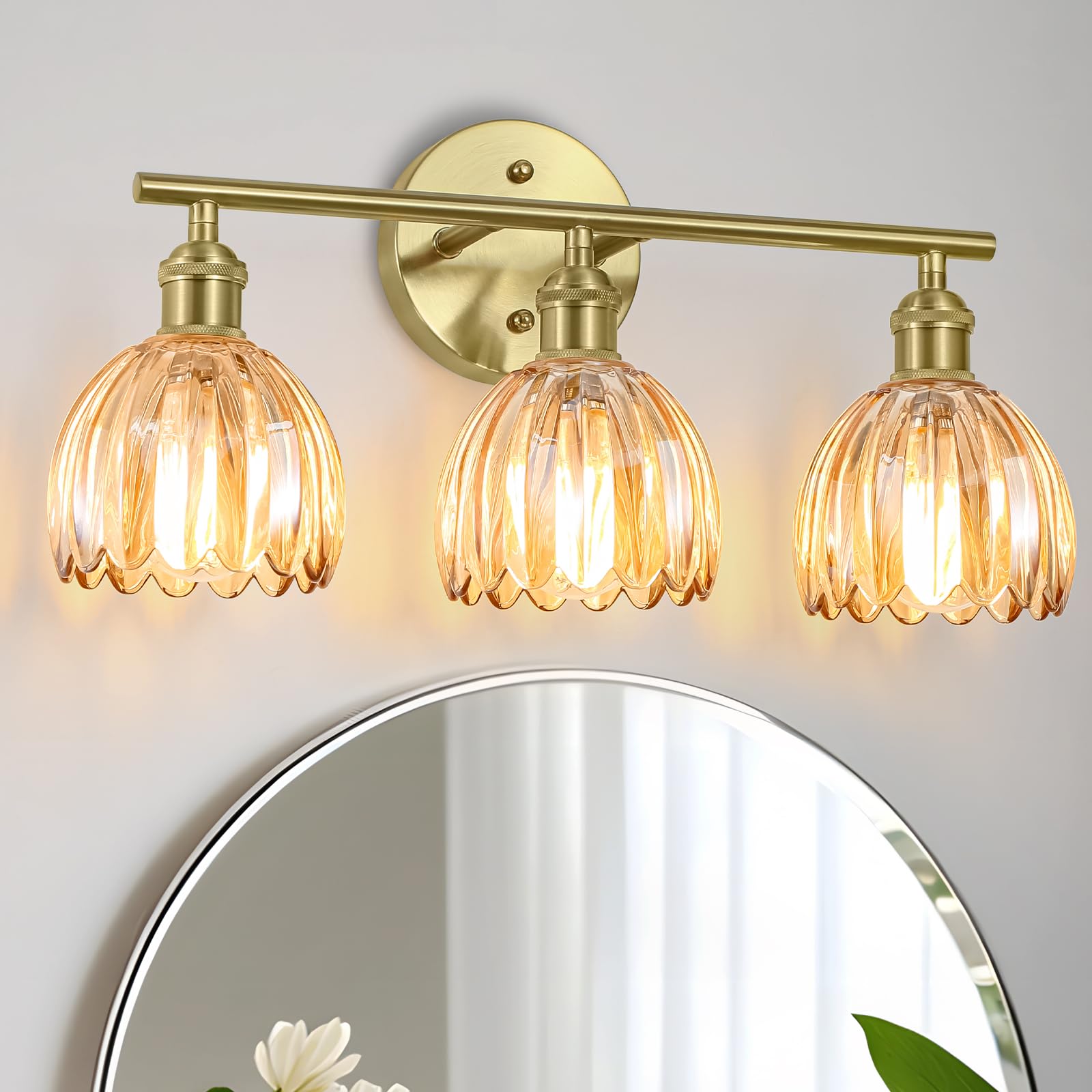 Kvhiiw Vintage Bathroom Light Fixtures,3-Light Hardwired Vanity Lights with Amber Tulip Glass Shade,Gold Bathroom Vanity Light f