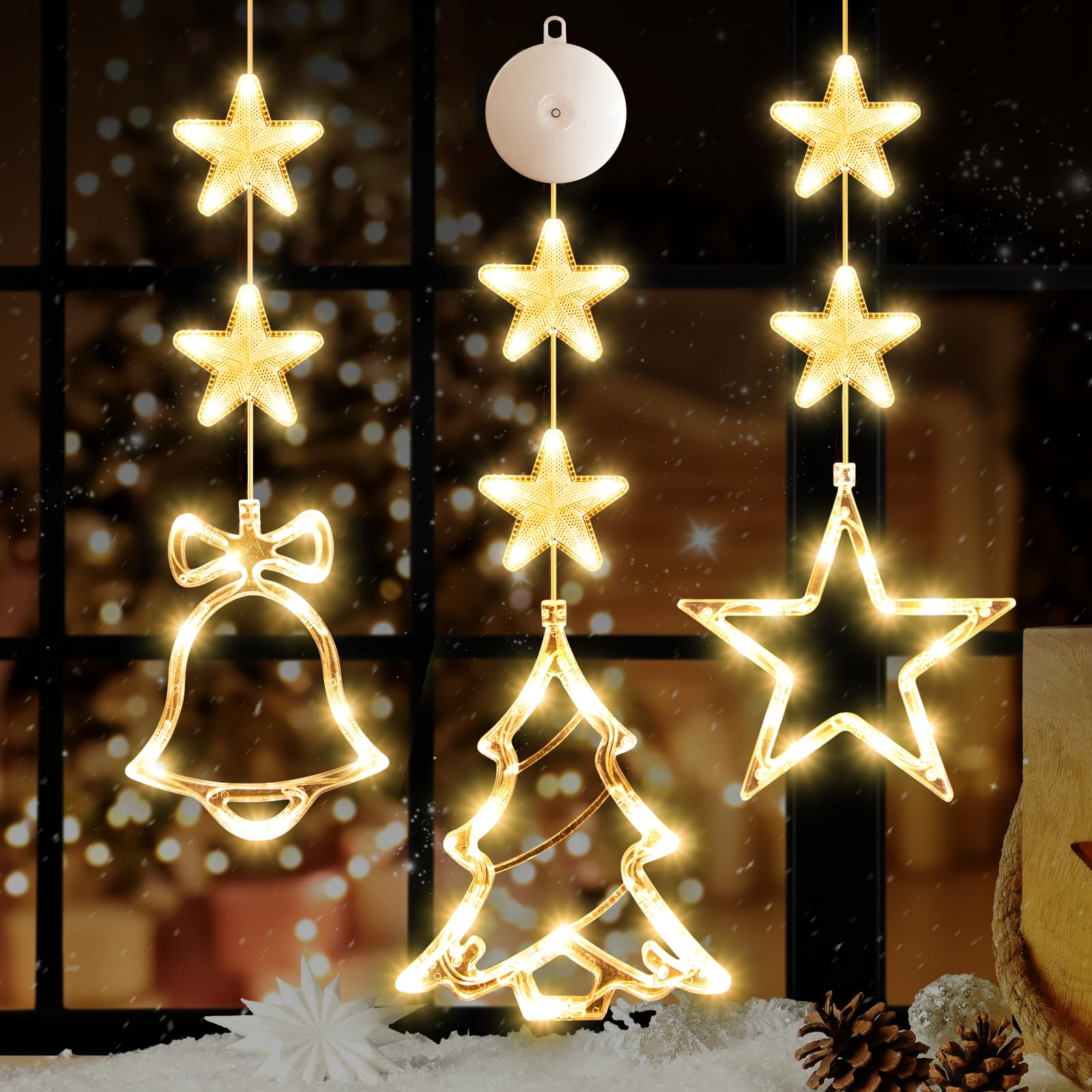 LYUBASA [Timer] 3Pcs Christmas Window Lights Decorations,Battery Powered Christmas Hanging Warm White Lighted Tree Bell Star Sha