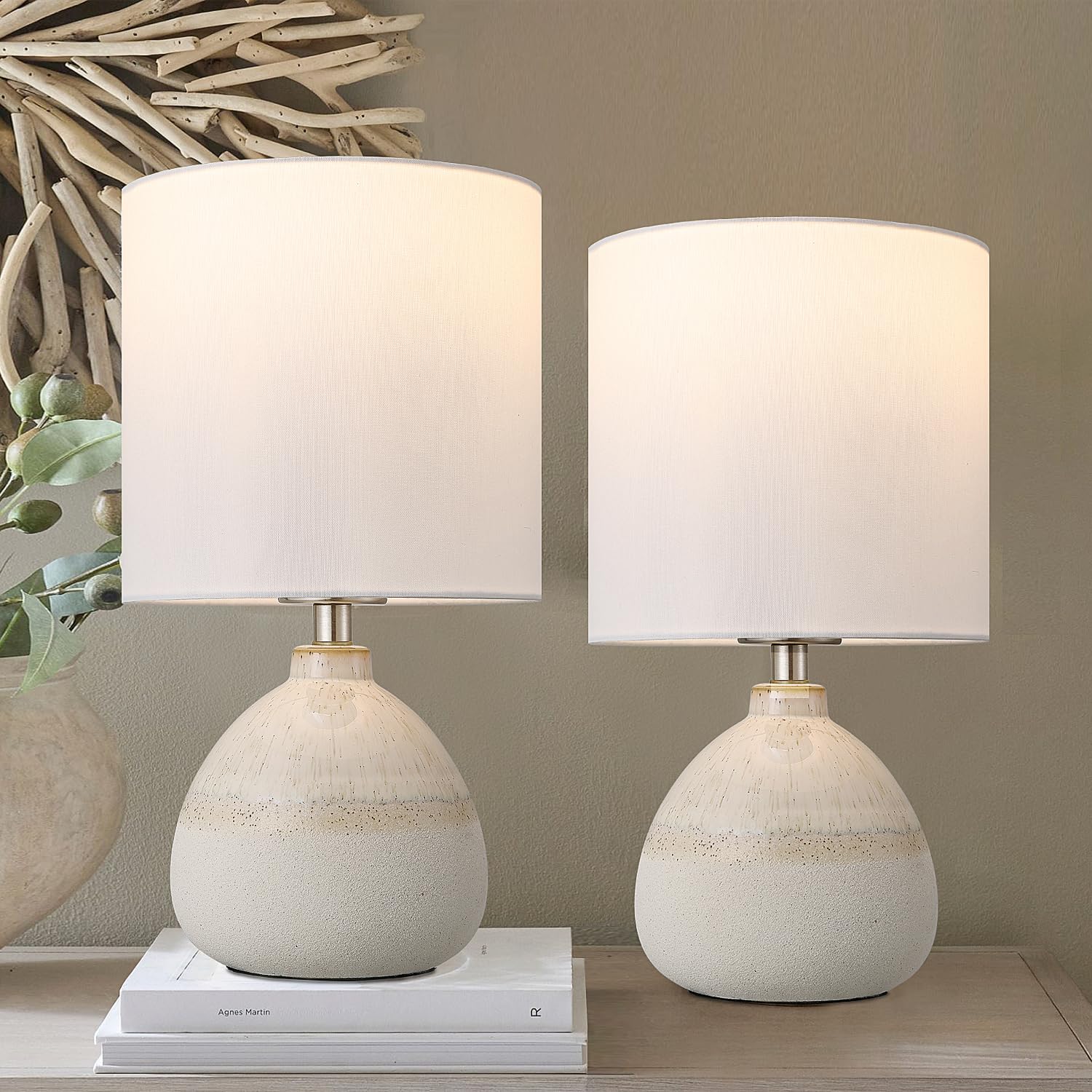 Set of 2 Ceramic Table Lamp for Bedroom, Small Table Lamp White Farmhouse Rustic Lamp Set Bedside Table Lamps for Nightstand Sid