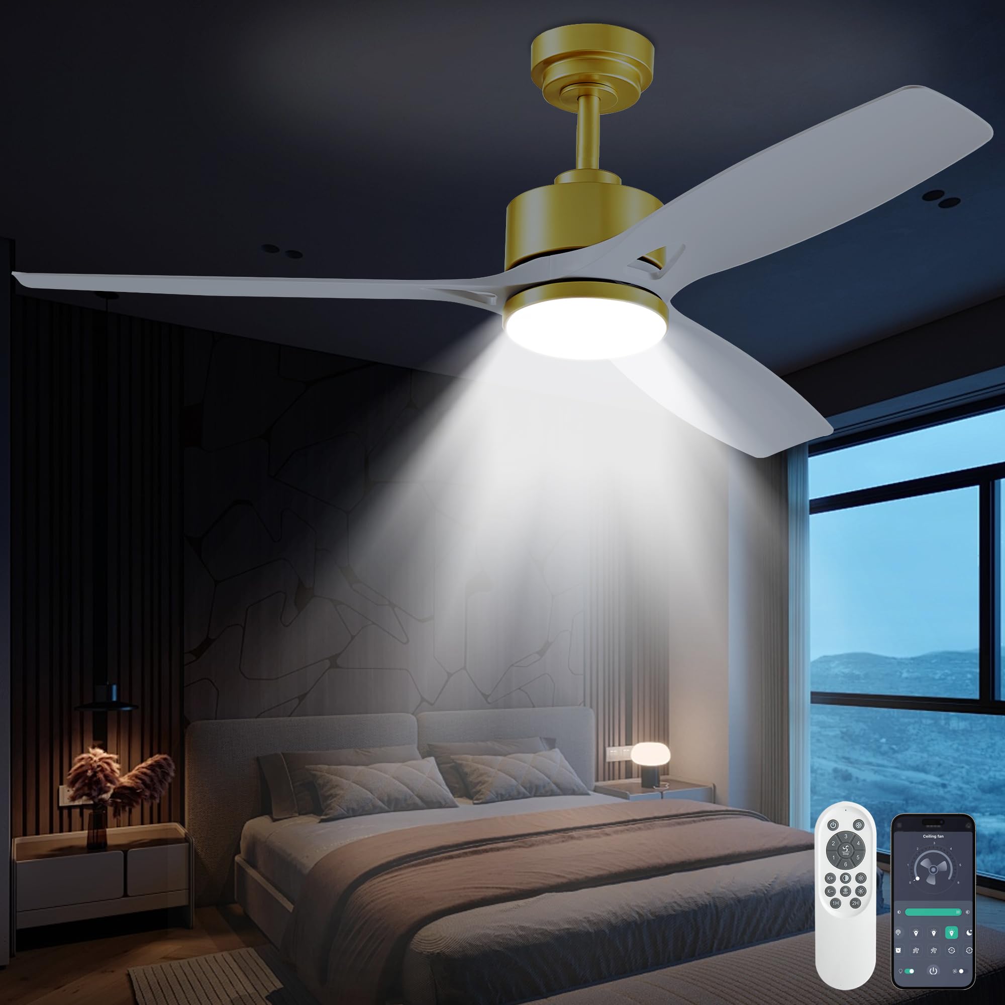 DIAMONDFORGE 52 Inch Ceiling Fan with Lights, Remote Control, Acrylic, White Gold, Model FFL52WGWY1