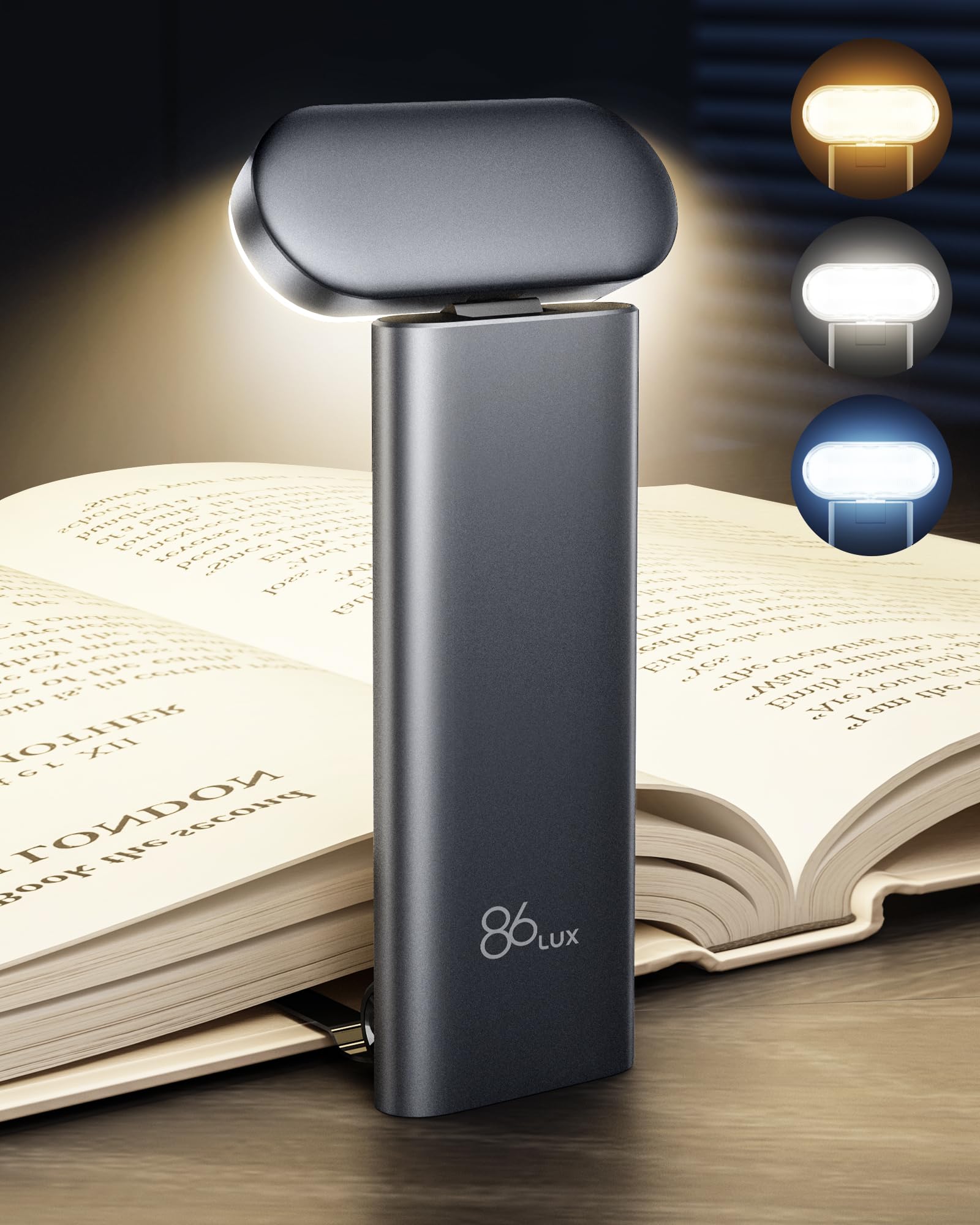86Lux Book Light, Reading Light For Book In Bed, Usb Rechargeable Led Night Light With 3 Colors & Limitless Dimming, Aluminum Alloy Bookmark Light For Book Lovers,Technology Black