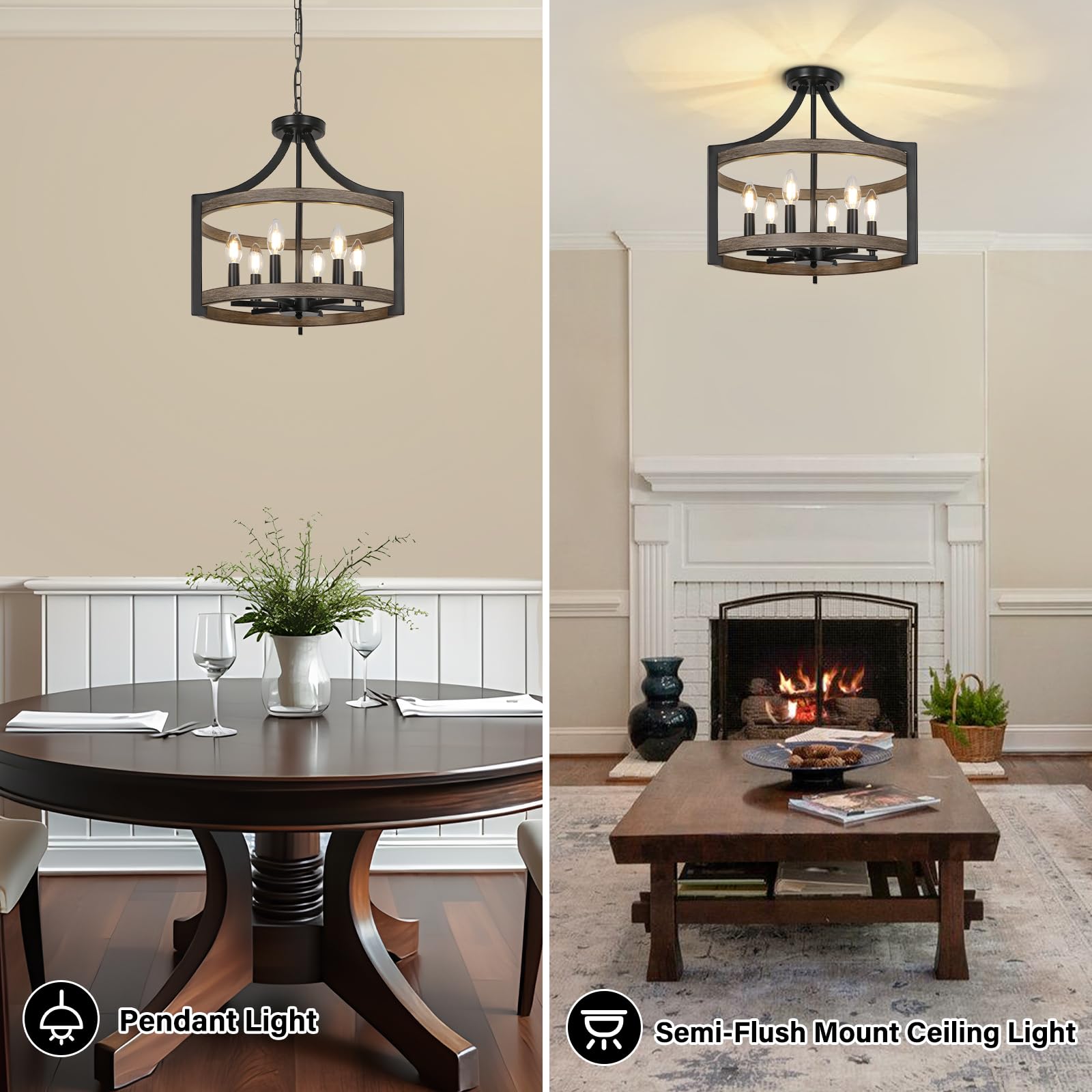 WBinDX 6-Light Farmhouse Chandelier, Metal & Faux Wood, Black, Model WB128M-6BW, Rustic Pendant Lighting for Dining Room & Kitchen